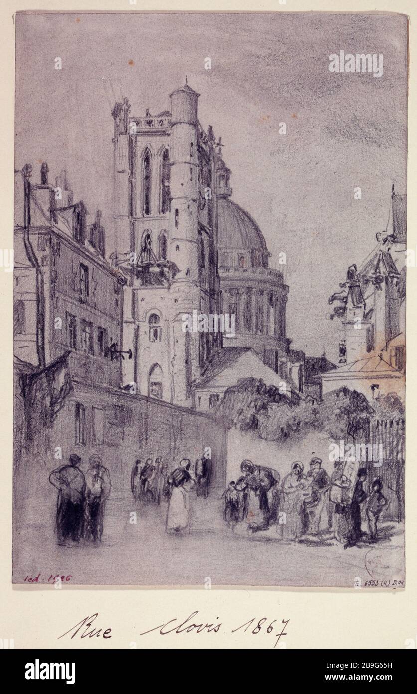 La rue Clovis, tour Clovis et le Panthéon, en 1866 Albert Maignan (1845-1908). La rue Clovis, la visite Clovis et le Panthéon, en 1866. Paris (Vème arr.), 1866. Mine de plomb. Paris, musée Carnavalet. Banque D'Images