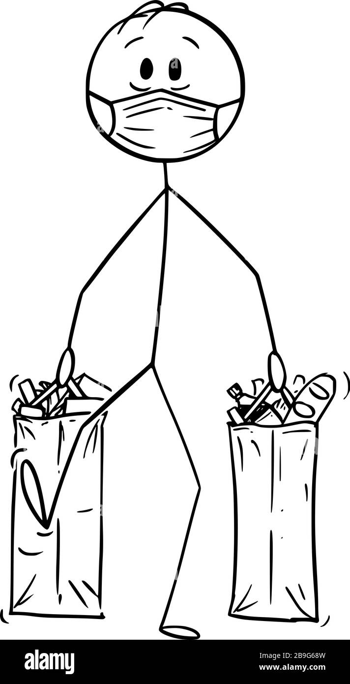 Dessin de dessin de bâton de dessin de dessin de dessin conceptuel de l'homme portant un masque de visage portant des sacs de shopping avec la nourriture de l'épicerie ou du supermarché. Concept d'épidémie de COVID-19 de coronavirus. Illustration de Vecteur