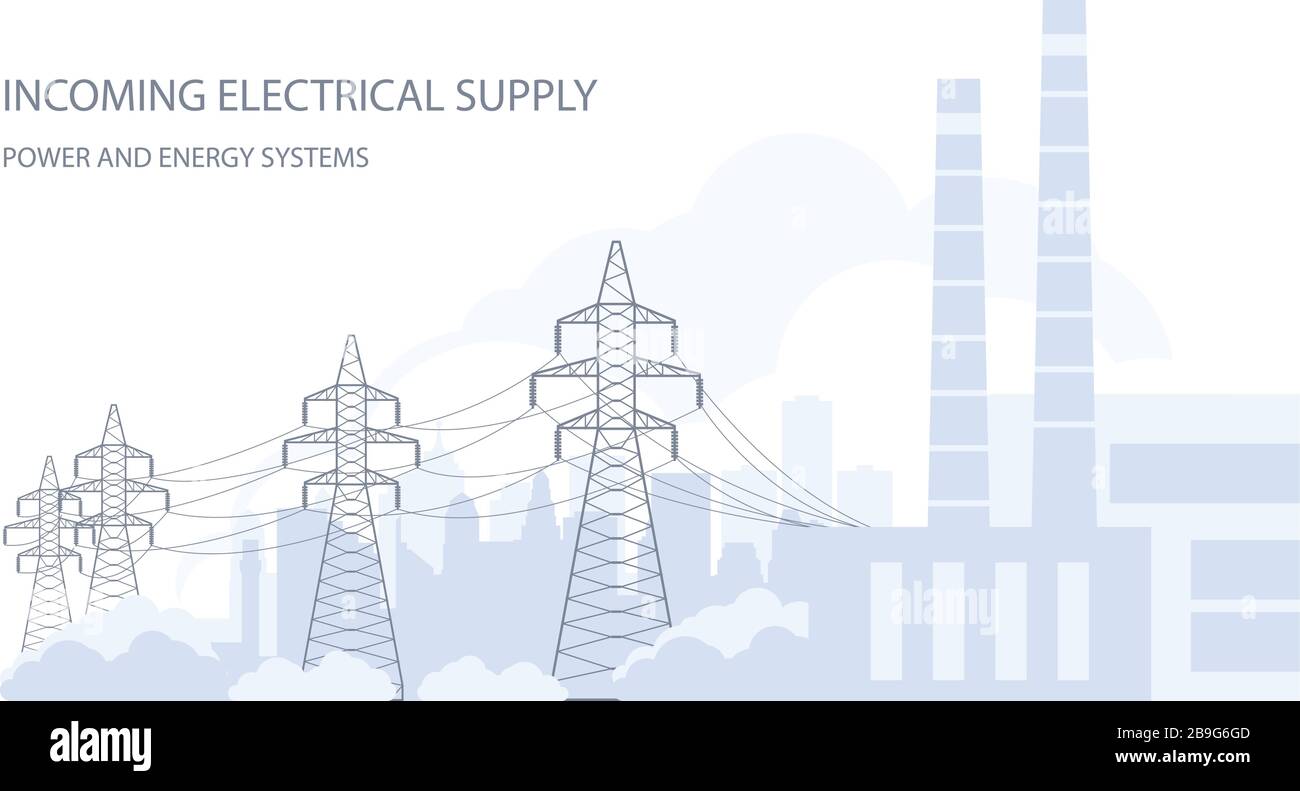 Tours tangentes, pylônes haute tension et silhouette de ville, horizon urbain, alimentation électrique Illustration de Vecteur