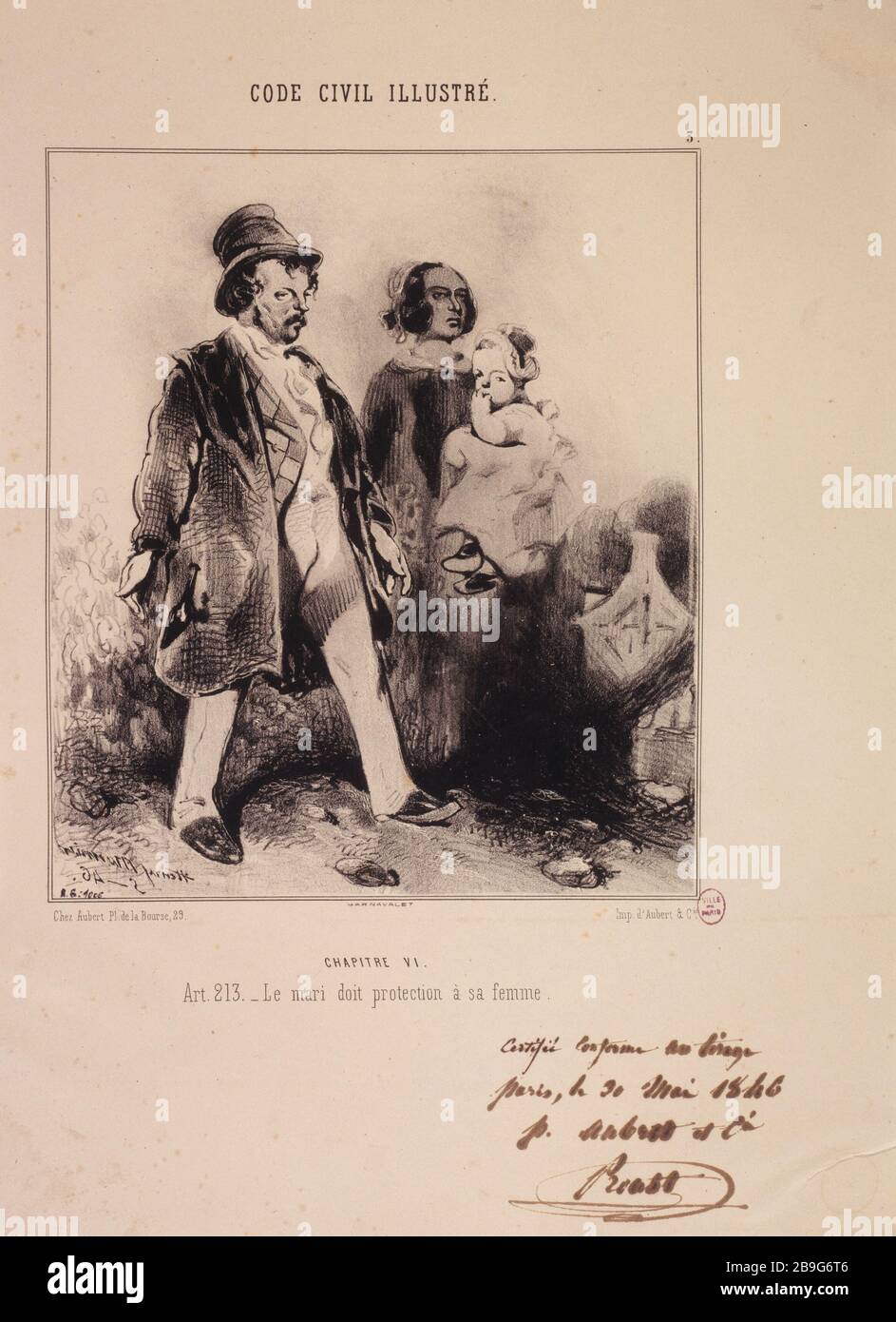 Henry Monnier (1805-1877). Code civil Henry Monnier (1805-1877). 'Code civil illustraté, chapitre VI, article 213 - le mari dit protection à sa femme'. Gravité. Paris, musée Carnavalet. Banque D'Images