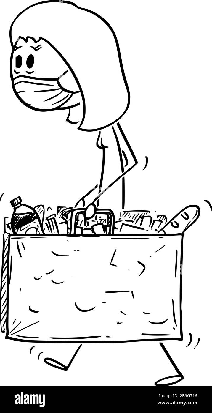 Dessin de dessin de bâton de dessin de dessin de dessin conceptuel de femme portant masque de visage portant des sacs de shopping avec la nourriture de l'épicerie ou du supermarché. Concept d'épidémie de COVID-19 de coronavirus. Illustration de Vecteur