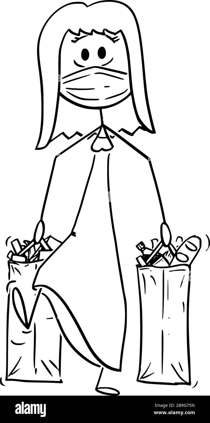 Dessin de dessin de bâton de dessin de dessin de dessin conceptuel de femme portant masque de visage portant des sacs de shopping avec la nourriture de l'épicerie ou du supermarché. Concept d'épidémie de COVID-19 de coronavirus. Illustration de Vecteur