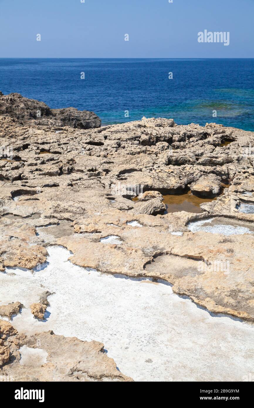 Roches salées sur la côte de la mer intérieure, Gozo, Malte. Paysage vertical Banque D'Images