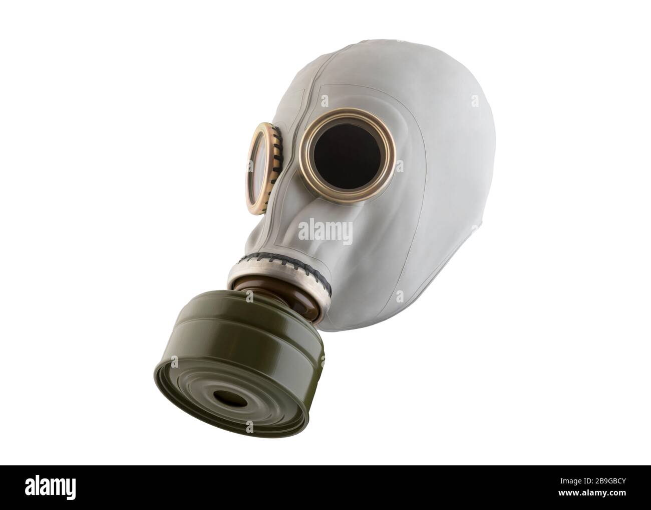 Masque à gaz isolé sur fond blanc avec chemin de détourage. La pollution de l'environnement. Banque D'Images