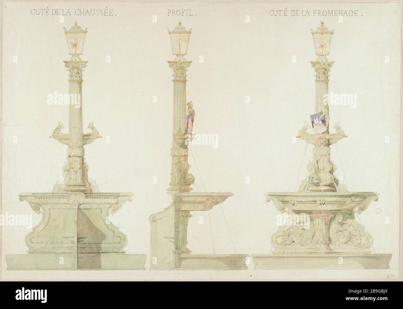 FEU DE RUE POUR LE BOULEVARD MONTMARTRE 'Verbières pour le boulevard Montmartre, projet de décoration fait à l'occasion d'une fête ou d'un cortège'. Lavis vert reussé d'Or, XIXème siècle. Paris, musée Carnavalet. Banque D'Images