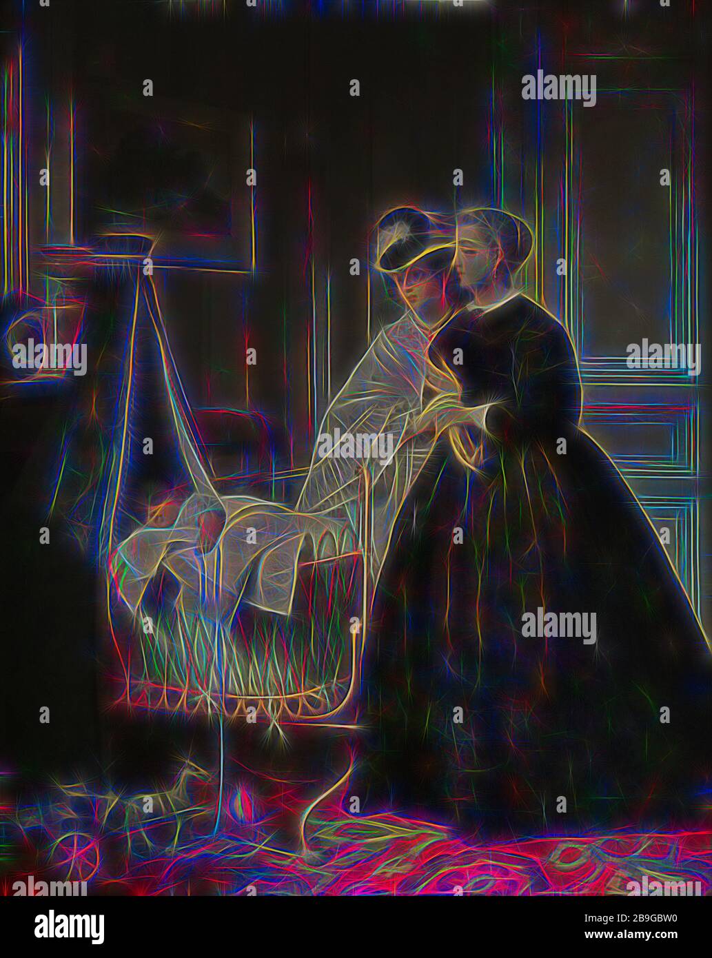 Johannes Cornelius Mertz, Portrait de deux femmes inconnues avec berceau, groupe portrait portrait sculpture peinture huile bois rectangulaire, portrait de deux femmes inconnues avec support en Intérieur : bois peint tapis de sol auvent et rideaux placard président détail : vêtements de deuil vêtements de randonnée lampe et chevaux de la signature et de l'année, JC Mertz 1863 visite de maternité naissance deuil intérieur Banque D'Images