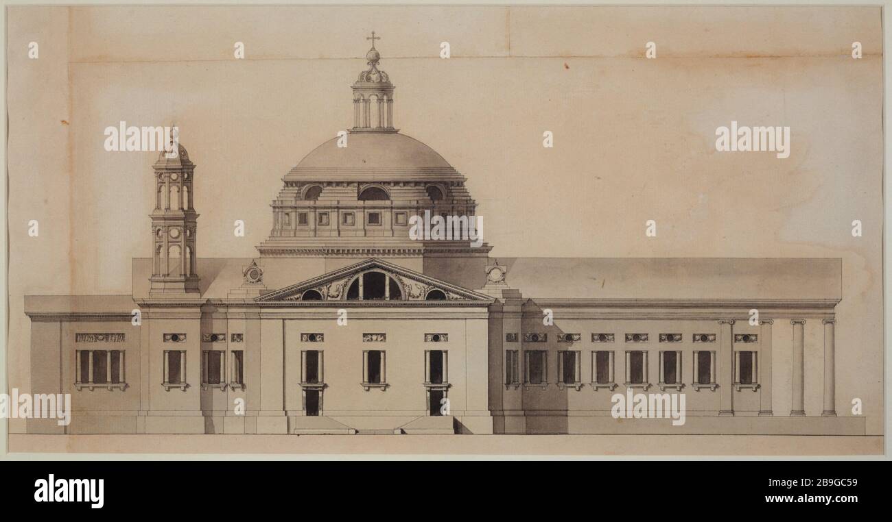 Projet pour l'église de la Madeleine : façade latérale surélevée Anonyme. Projet pour l'église de la Madeleine : élévatation de la façade latérale. Lavis d'erre de chine et rose. Paris, musée Carnavalet. Banque D'Images