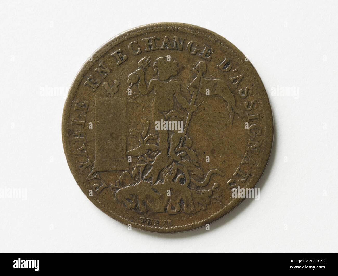 Monnaie particulière trois étages, émis par le Fonds Goodwill établi à Paris, 1791 Thévenon. Monnaie particulière de trois sols, église par la Caisse de bonne Foi édilie à Paris, 1791. Cuivre, 1791. Musée Carnavalet, Histoire de Paris. Banque D'Images