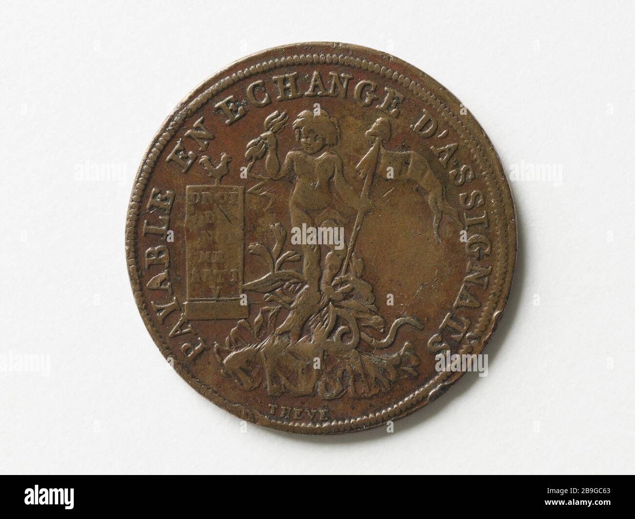 Monnaie particulière trois étages, émis par le Fonds Goodwill établi à Paris, 1791 Thévenon. Monnaie particulière de trois sols, église par la Caisse de bonne Foi édilie à Paris, 1791. Cuivre, 1791. Musée Carnavalet, Histoire de Paris. Banque D'Images