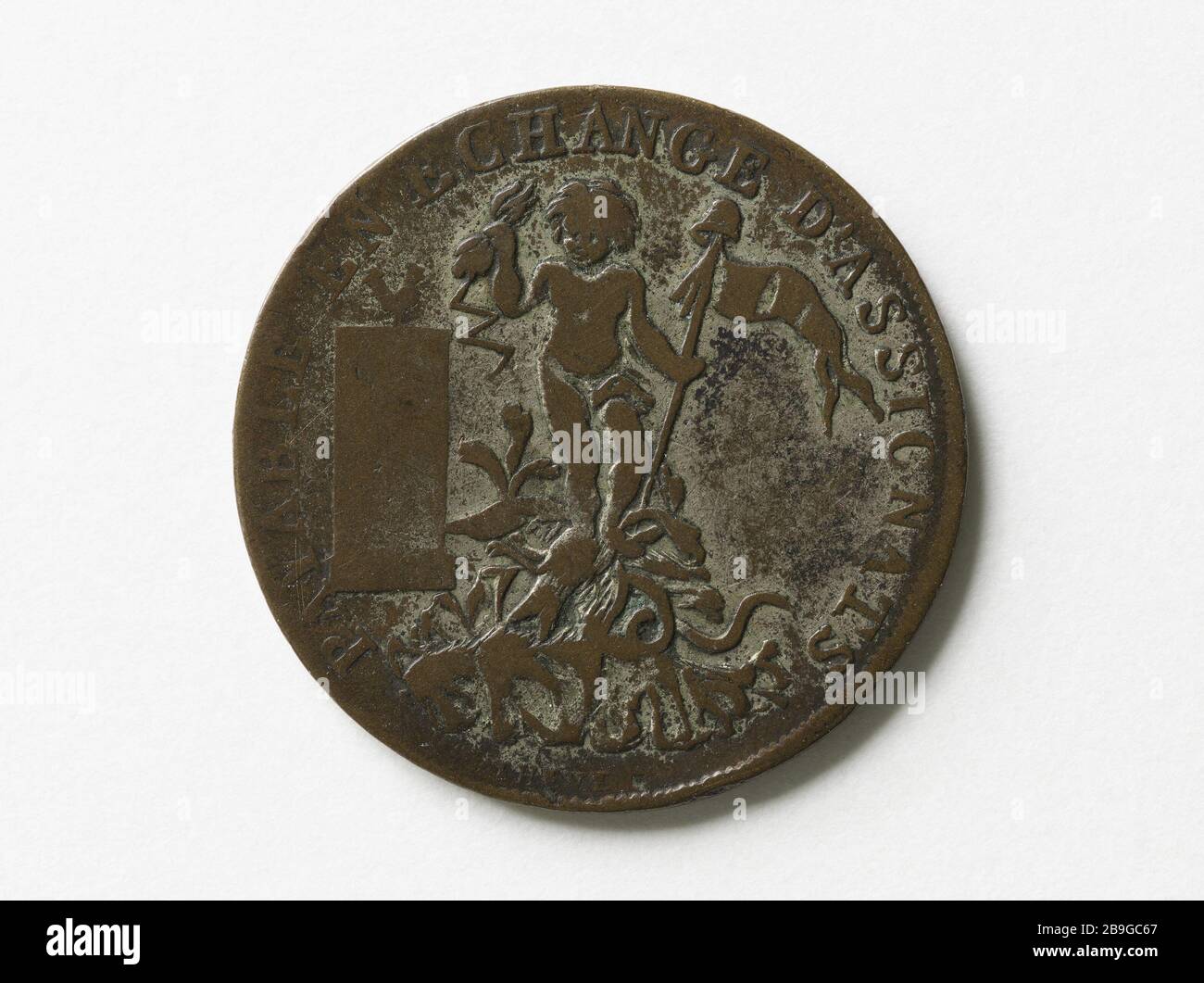 Monnaie particulière trois étages, émis par le Fonds Goodwill établi à Paris, 1791 Thévenon. Monnaie particulière de trois sols, église par la Caisse de bonne Foi édilie à Paris, 1791. Cuivre, 1791. Musée Carnavalet, Histoire de Paris. Banque D'Images