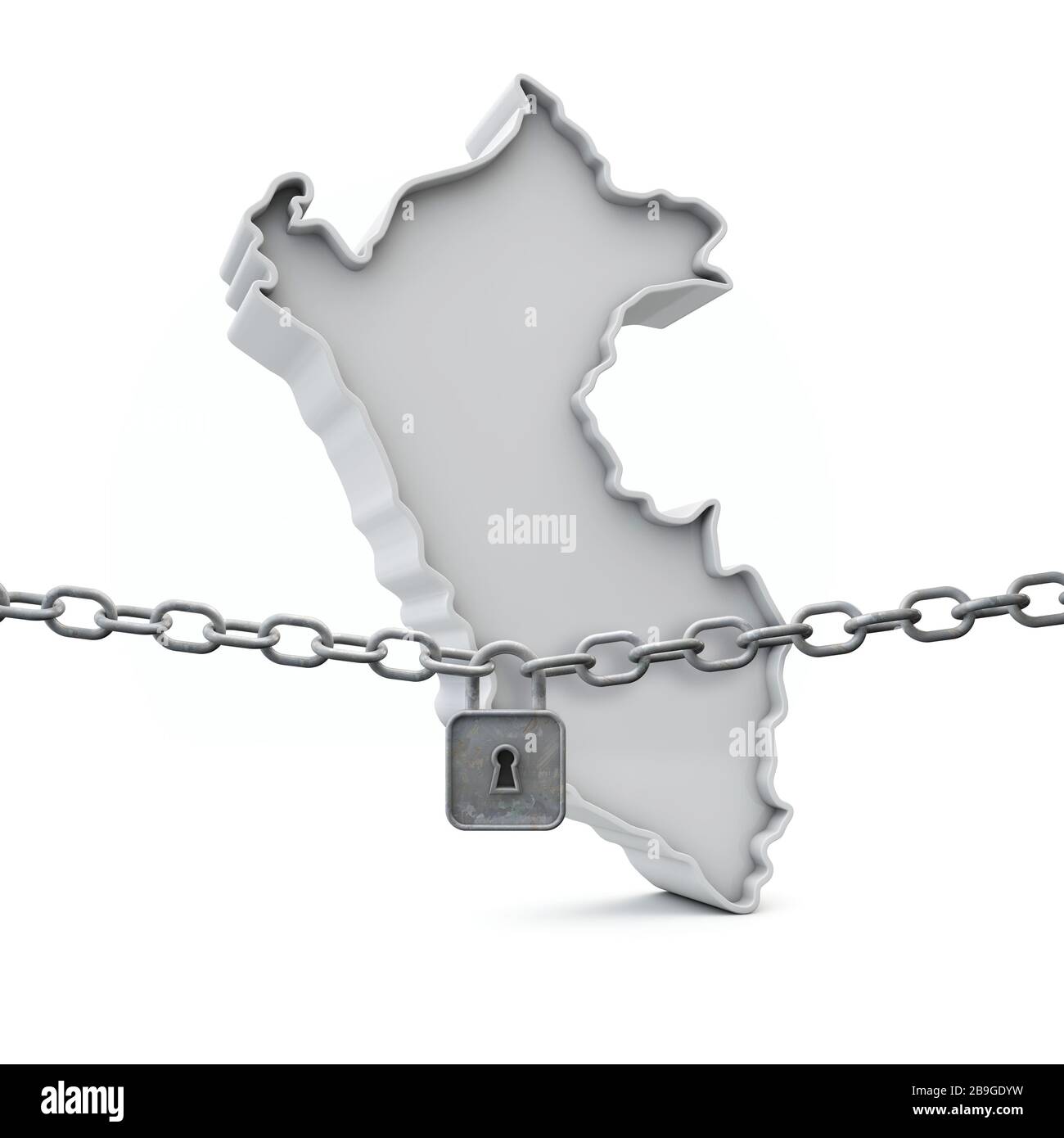 Concept de verrouillage du Pérou. Carte avec verrou et chaîne. Rendu tridimensionnel Banque D'Images