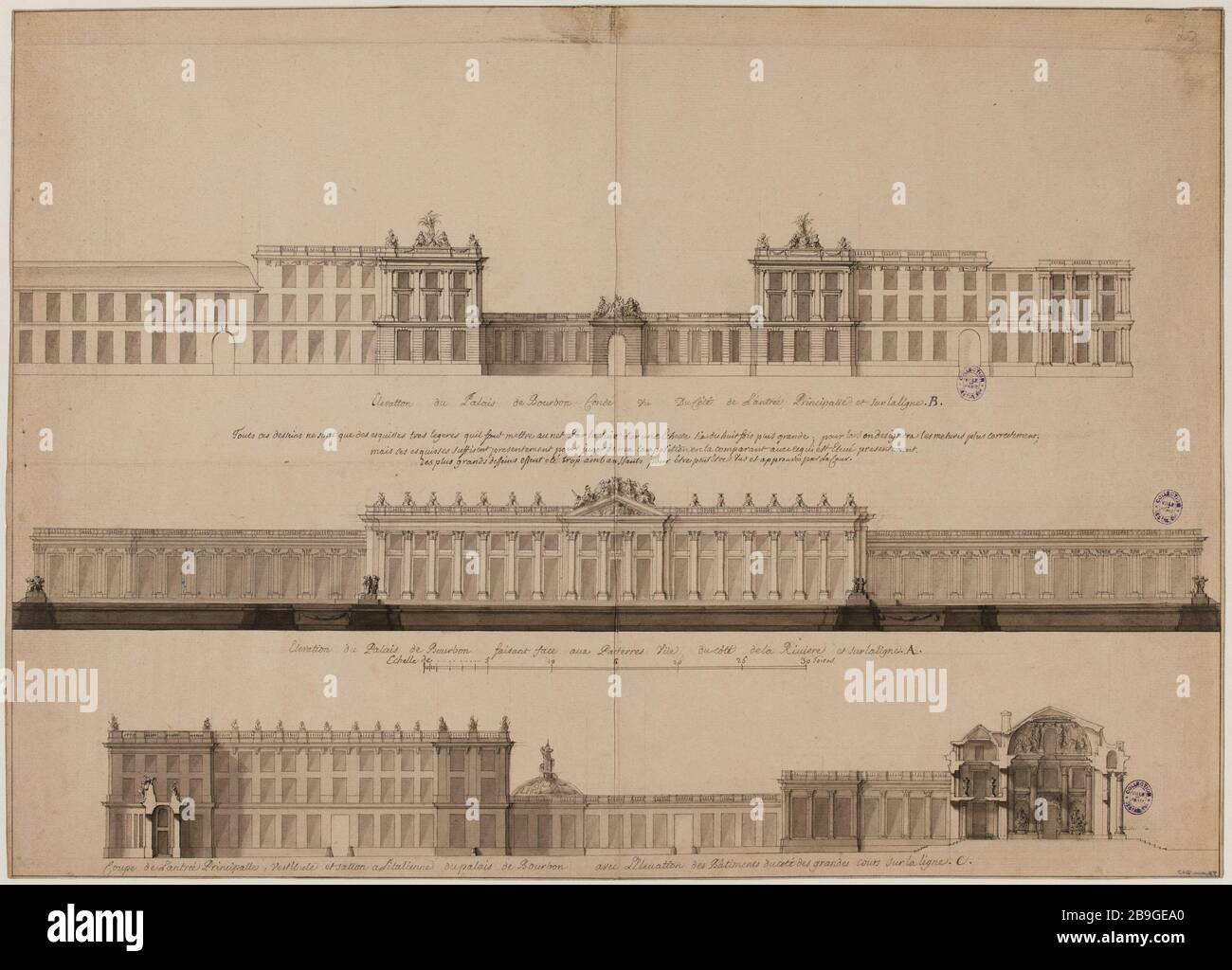 Projet de reconstruction du Palais Bourbon, compétition à partir de 1764; élévation Bourbon Palace côté Condé de l'entrée principale et sur le côté de la rivière; coupe l'entrée principale, le hall et le salon italien Banque D'Images