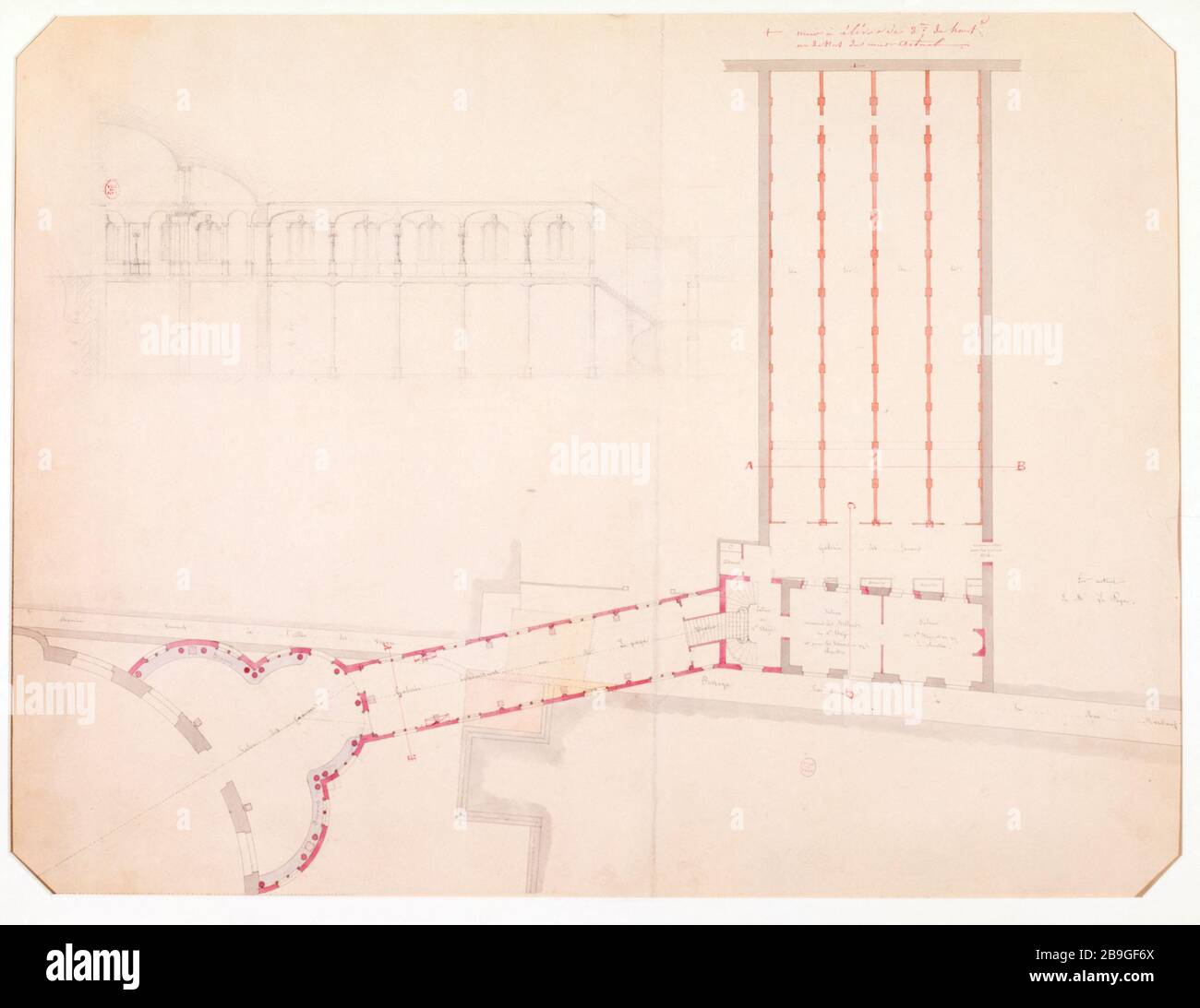 Plan et élévation de la galerie de tournage de M. Lepage, rue Marbeuf Anonyme. Plan et élévation de la galerie de tir de Monsieur Lepage, rue Marbeuf. Paris (VIIIème arr.). Panache, crayon, lavande rose et gris. Paris, musée Carnavalet. Banque D'Images