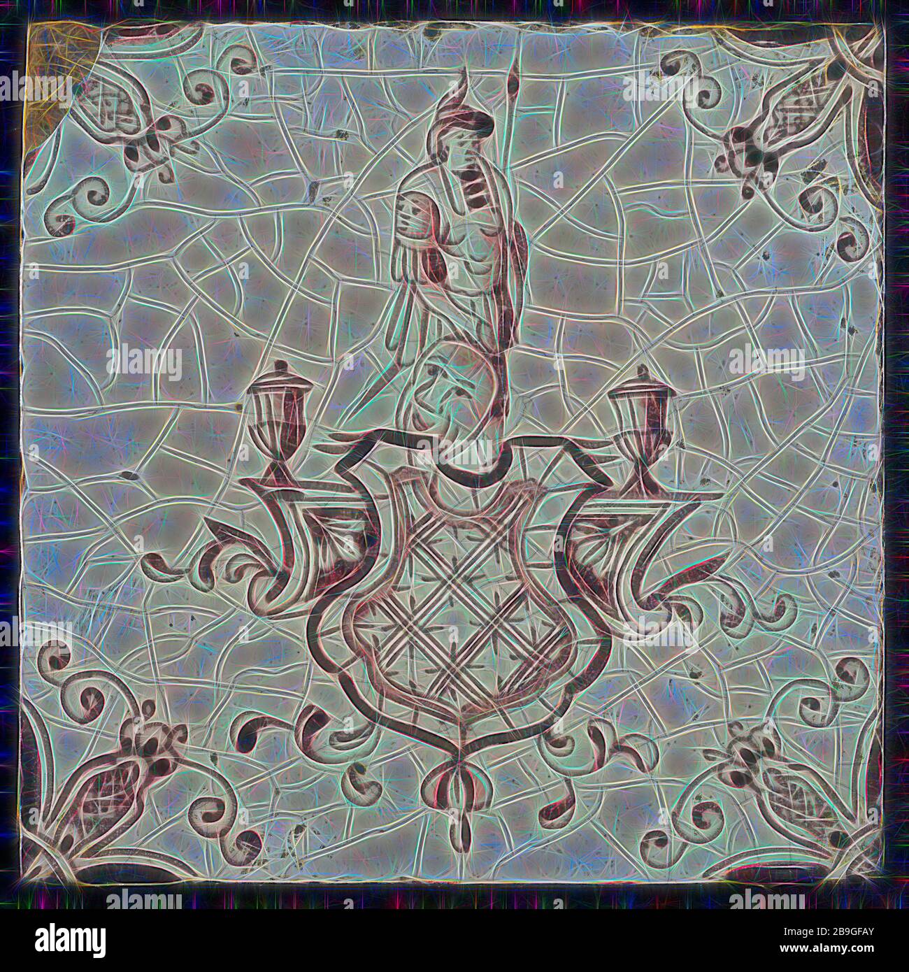 Aalmis : fabricant de Tuiles, carreaux 500-800, sentry avec lance, spider, motif d'angle mural en céramique faïence céramique sculpture mosaïque glaze, au four 2x vitrage violet pourpre tirant sur peint blanc Aalmis Aelmis Banque D'Images