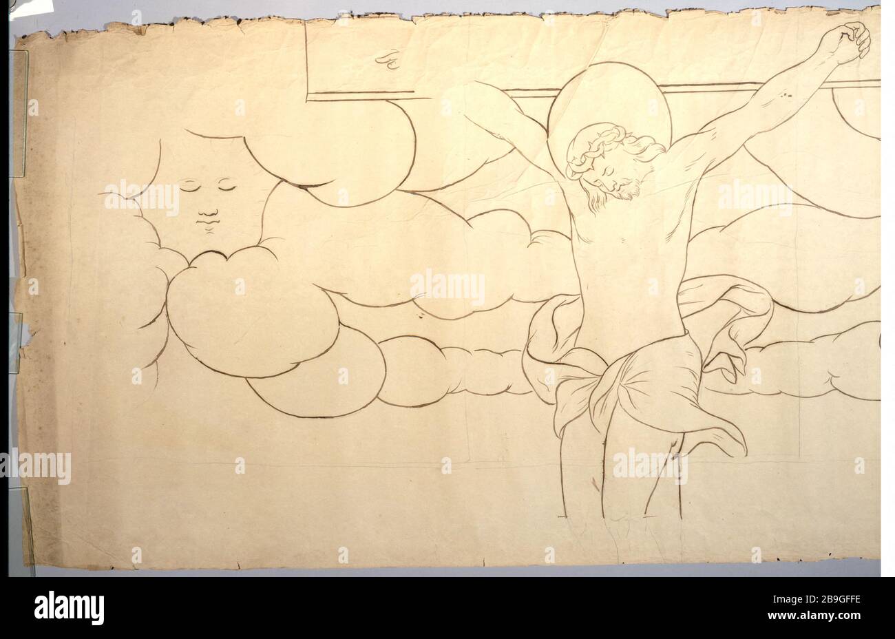 MOTIF VITRAUX : CHEVREUSE, Crucifixion Prosper Lafaye (1806-1883). 'Dessin de vitrain : Chevreuse, crucifixion (partie gauche), entre 1845 et 1875'. Paris, musée Carnavalet. Banque D'Images