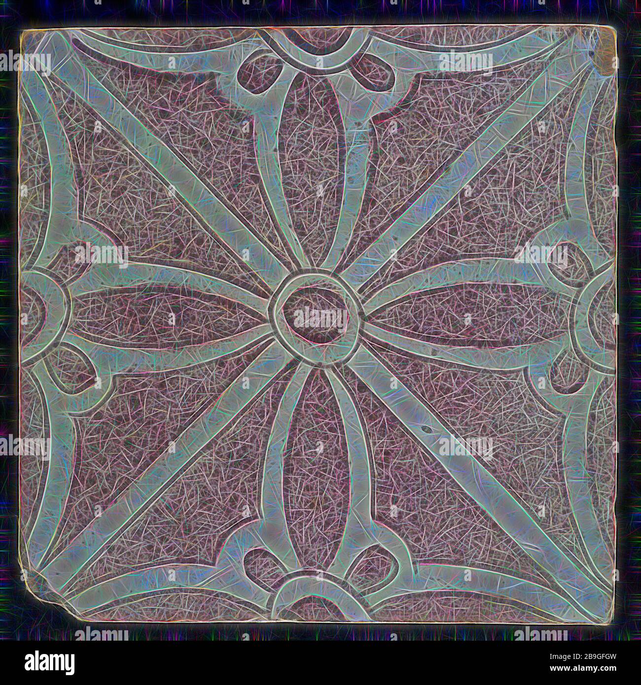 Carreaux d'ornement pourpre saupoudrés, doubles arcs le long de deux diagonales, centre double, mur tuile carreau sculpture céramique faïence glacer, cuit 2 x verni peint jaune carré deux trous d'ongle. Violet sur blanc Banque D'Images