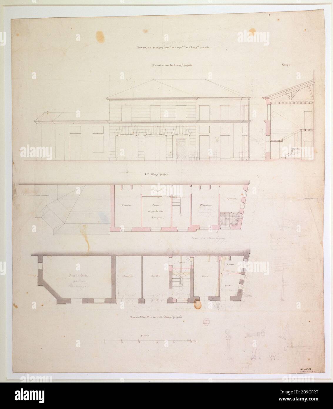 Plan, section et élévation de la fontaine de Marigny avec changements projetés Anonyme. Plan, coupé et élévatation de la fontaine Marigny avec les chananations débarqués. Paris (VIIIème arr.). Panache, encre Noire, crayon, lavis gris, rose et bleu. Paris, musée Carnavalet. Banque D'Images