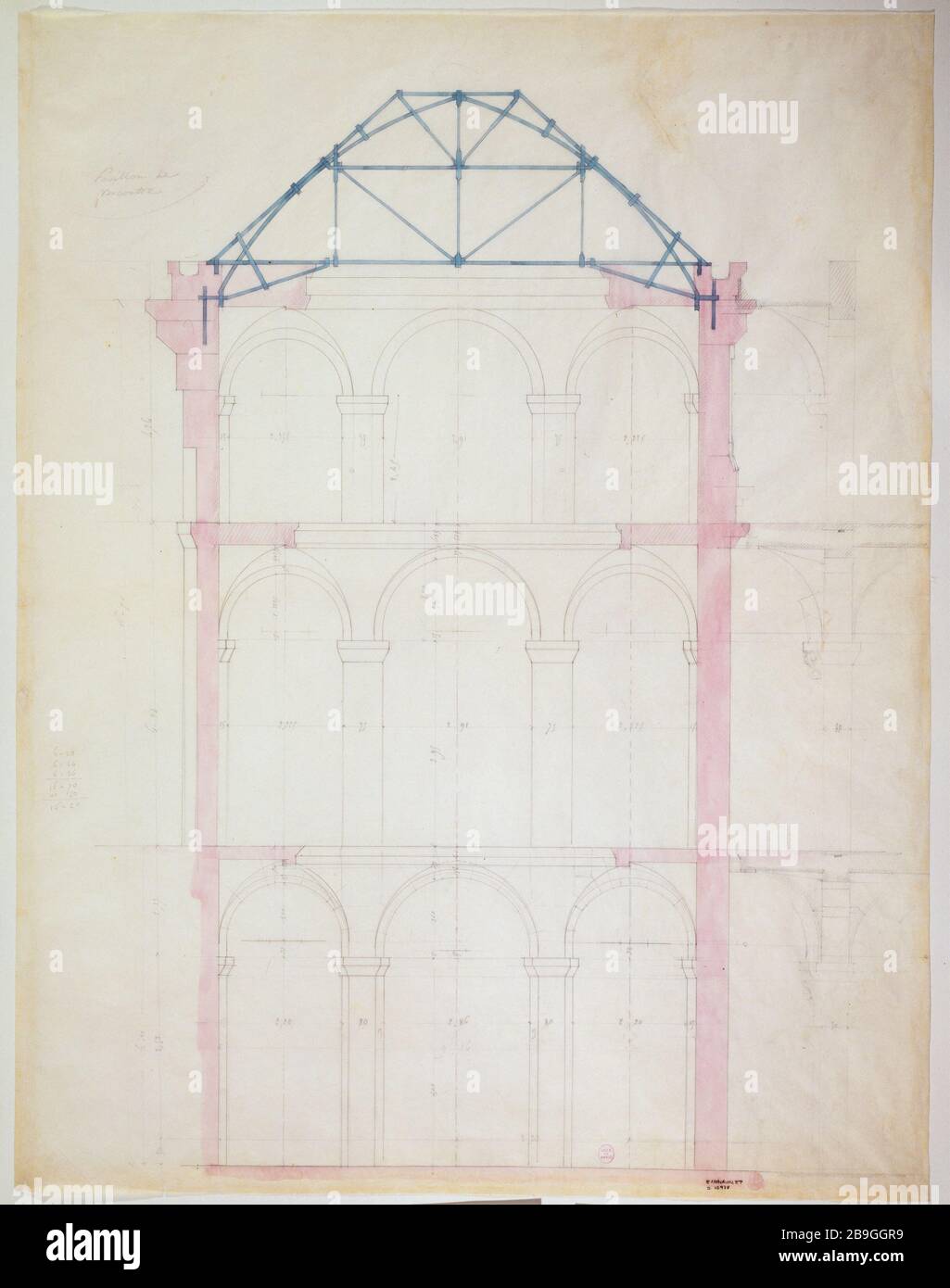 Structure détaillée du pavillon de réunion; bâtiment des Archives nationales Anonyme. Queue de charpente du pavillon de rencontre; bâtiment des Archives nationales. Panache, crayon, lavis rose et bleu sur calcaire. Paris, musée Carnavalet. Banque D'Images