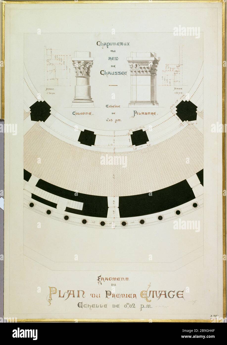 Fragment du plan du premier étage et détails du rez-de-chaussée d'un bâtiment médiéval religieux des capitales. Fragment du plan du premier étage et queues des chapiteaux du rez-de-chaussée d'un édice religieux médiéval. Panache, encre de chine et rouge, lavis incrusté de chine et rose. Paris, musée Carnavalet. Banque D'Images