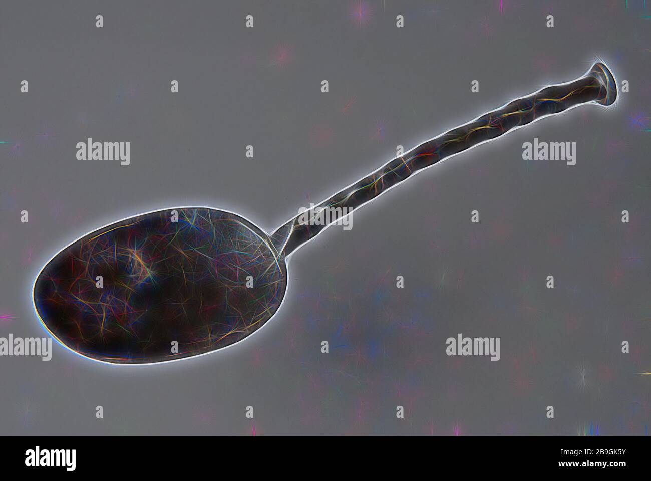 Cuillère à pied de cheval avec poignée ondulée et plateau en forme d'oeuf, marquée, coutellerie terre trouver métal, contenant 5.5 cuillère en étain moulé avec bol ovale. Pédoncule avec des morceaux ou des crêtes se terminant par le pied du cheval. Marquée au fond de la lame de pelle près de la queue de rat arrière: Couronné Tudor rose avec la couronne à côté de la couronne:? W au milieu de la rose la lettre: F archéologie Valckensteyn Poortugaal Albrandsgaard découverte du sol le château de Valckensteyn Banque D'Images