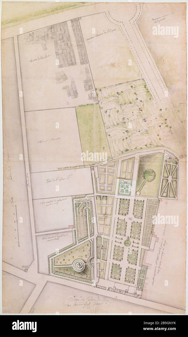Carte Jardins botaniques Anonyme. Plan du jardin des plantes. Paris (Vème arr.). Panache, encre noire, lavis gris, vert et rose. Paris, musée Carnavalet. Banque D'Images