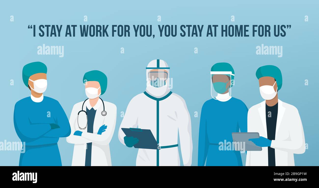 Coronavirus Covid-19 campagne de sensibilisation pour les médias sociaux avec les médecins équipe médicale: Je reste au travail pour vous, vous restez à la maison pour nous Illustration de Vecteur Coronavirus Covid-19 campagne de sensibilisation pour les médias sociaux avec les médecins équipe médicale: Je reste au travail pour vous, vous restez à la maison pour nous Illustration de Vecteur