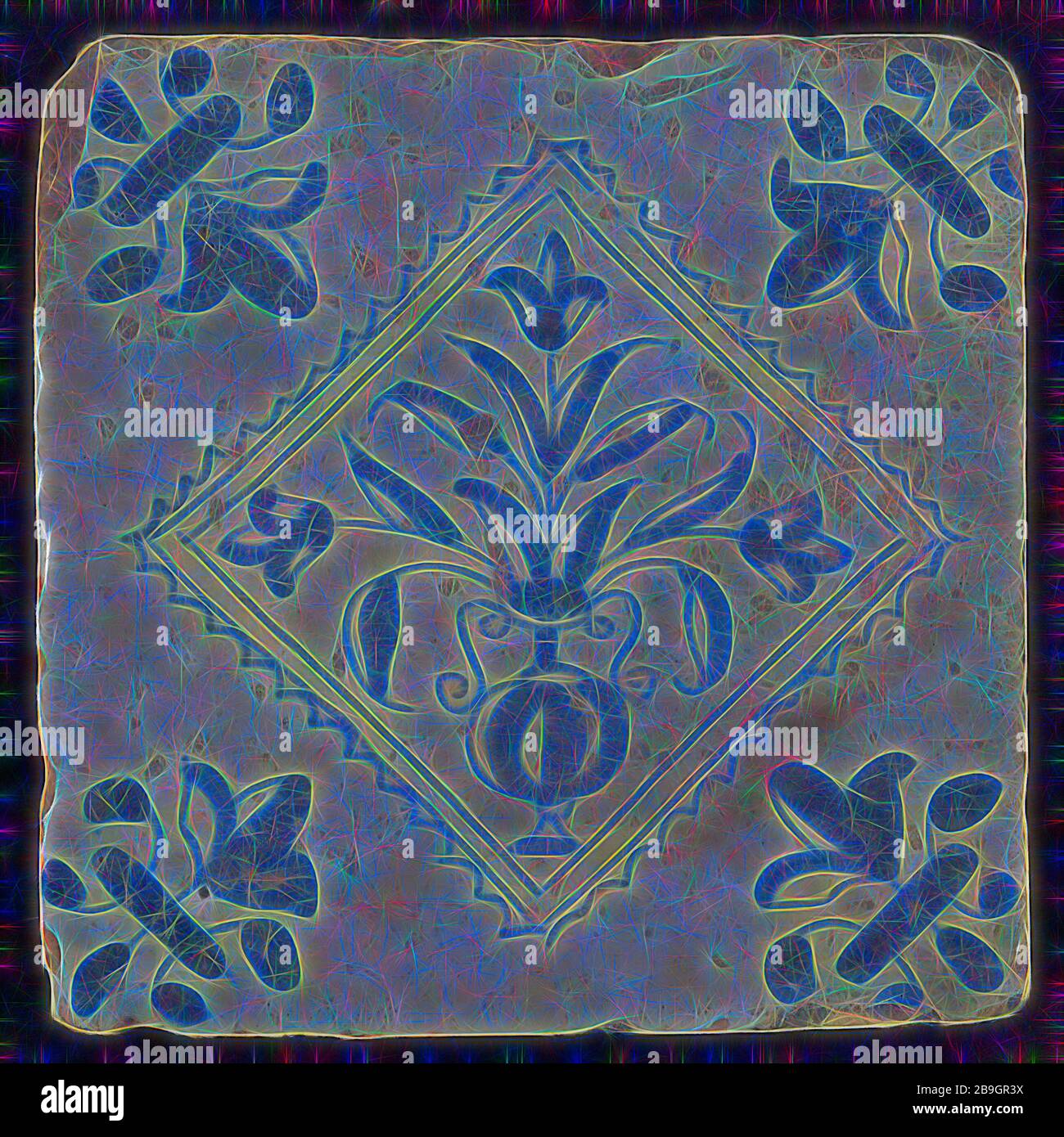 Tuile, cache-pot en bleu sur blanc, à l'intérieur coin carré dentelé, français modèle lily, carreaux de mur en faïence céramique sculpture mosaïque glaze, au four 2x vitrage peint Banque D'Images