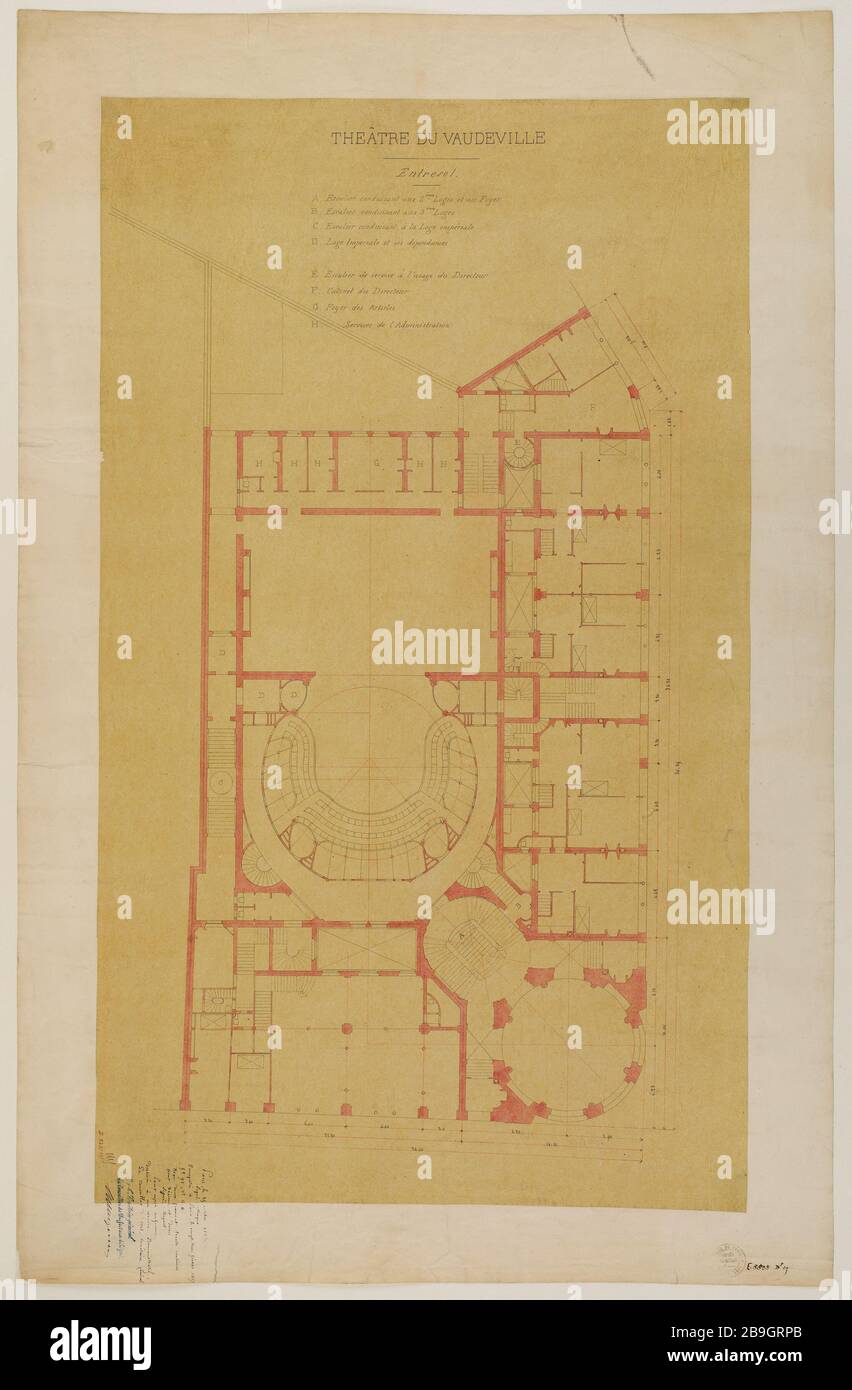 Carte de la mezzanine du Théâtre Vaudeville, 25 octobre 1866. Théâtre du Vaudeville, grenier Auguste Joseph Magne (1816-1885). Plan de l’entrésol du théâtre du Vaudeville, 25 octobre 1866. Théâtre du Vaudeville, entrésol. Panache, lavis rose sur papier calque contenu sur papier, 25-10-1866-25-10-1866. Musée Carnavalet, Histoire de Paris. Banque D'Images