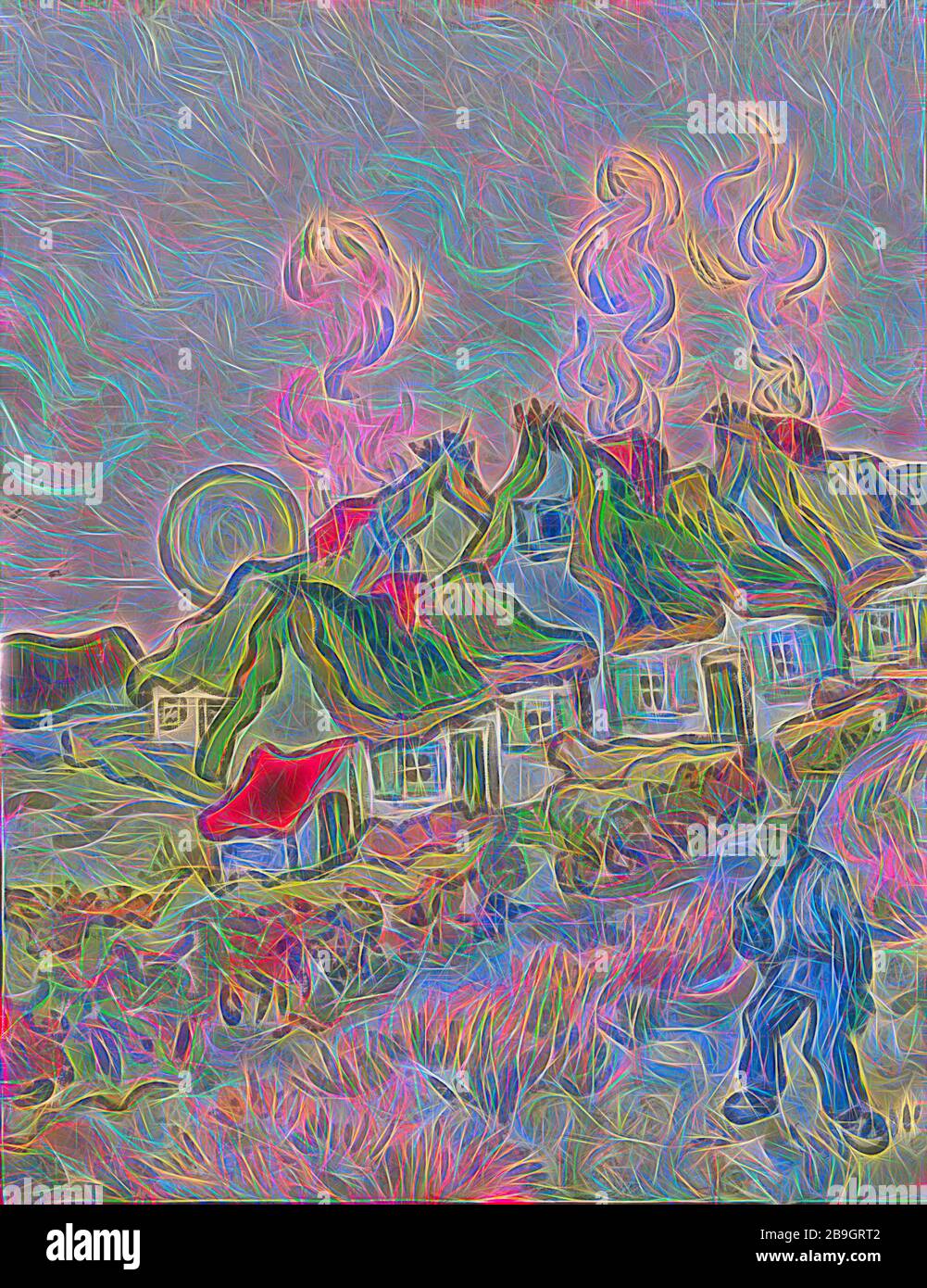 Vincent van Gogh: Maisons et figure, Vincent van Gogh, 1890, huile sur toile, Van Gogh a peint ce paysage au cours de la dernière année de sa vie quand il était patient à un asile à Saint-Remy, près d'Arles. Avec un accès limité à l'extérieur, Van Gogh a dû peindre ce qui pourrait être vu hors de la fenêtre, ou, comme c'est le cas ici, ce qu'il pourrait imaginer dans son esprit. Cette peinture est un souvenir de ses Pays-Bas natifs, montrant les cottages à chaume qui ont parsemé le paysage hollandais et qui ont été un sujet fréquent de ses premières toiles. Pour Van Gogh, ces structures rurales représentaient un plus simple, plus aut Banque D'Images