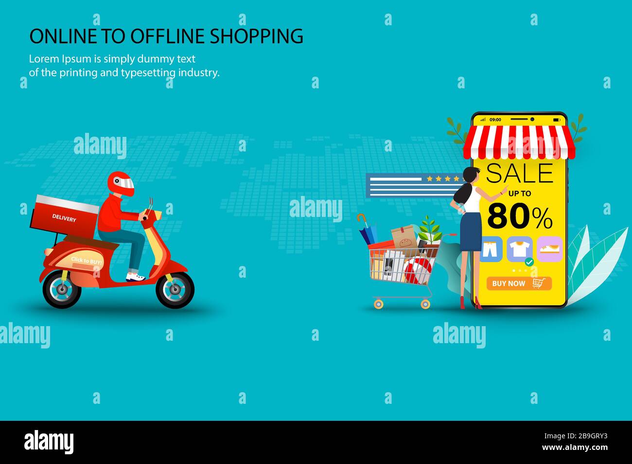 Concept d'achat en ligne à hors ligne, un homme qui roule un scooter et une femme qui touche l'écran du smartphone que l'écran contient taux de réduction. Illustration de Vecteur