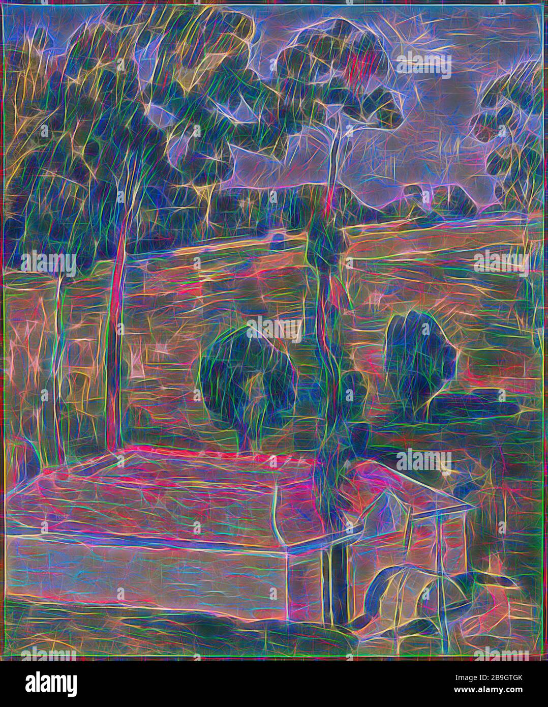 Paul Cézanne : la Maison du printemps (la Conduite d'eau), Paul Cézanne, ch. 1879, huile sur toile, Cézanne dépeint une maison de printemps, un petit bâtiment construit sur une source d'eau naturelle et utilisé pour la réfrigération ou comme station de pompage. La peinture est appliquée dans des traits courts et parallèles, et dans certains endroits la couleur est si mince que la toile montre à travers. Bien qu'il y ait de la profondeur dans le bâtiment - Cézanne utilise la perspective ici - le paysage au-delà semble délibérément aplati, comprimé en un seul plan., dans l'ensemble: 23 5/8 x 19 11/16 in. (60 x 50 cm) Banque D'Images