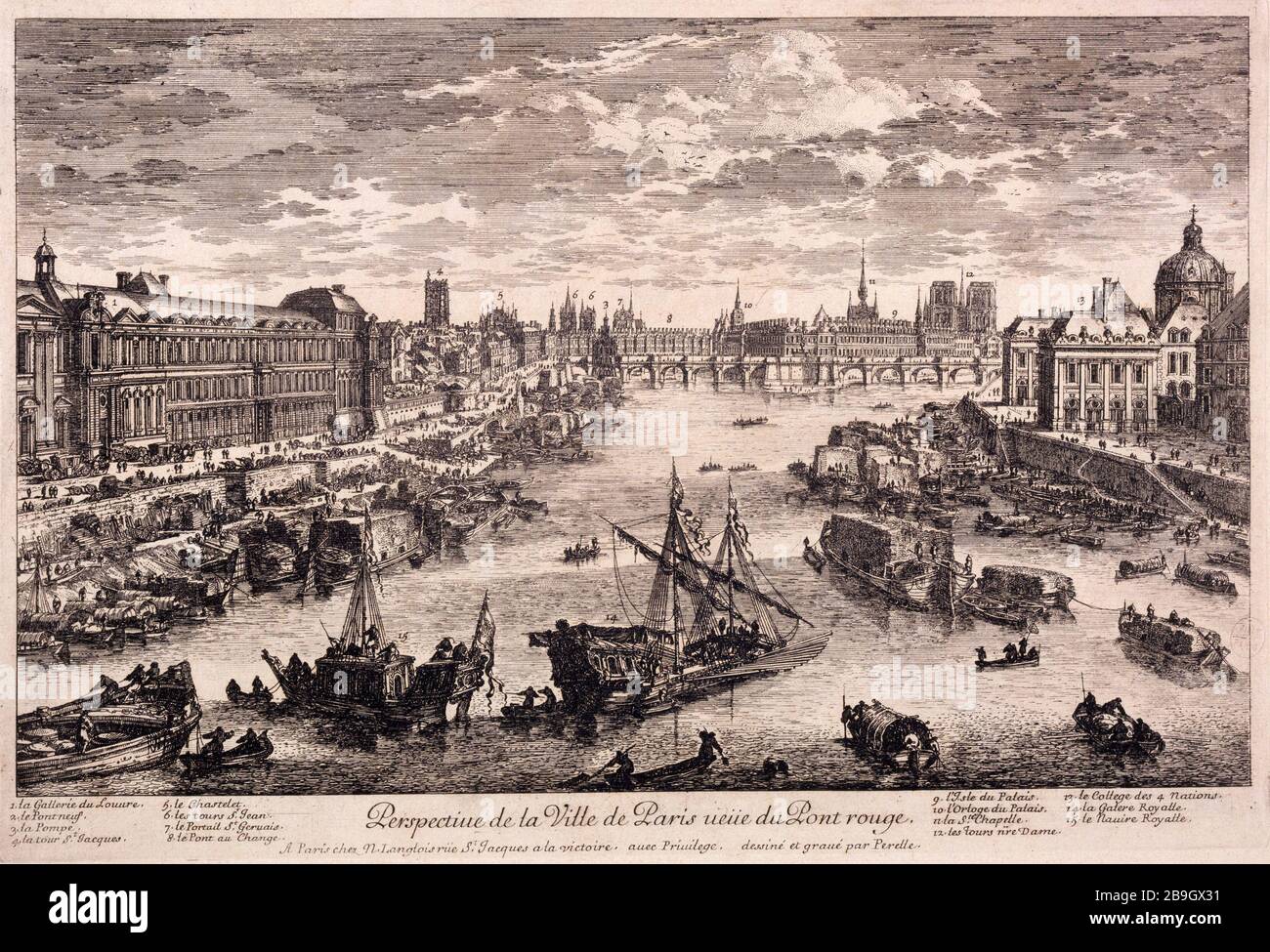 PERSPECTIVE DE LA VILLE DE PARIS, POUR LE PONT ROUGE ADAM PERELLE (1640-1695). 'Perspective de la ville de Paris, vue du Pont Rouge'. Eau-forte, vers 1660. Paris, musée Carnavalet. Banque D'Images