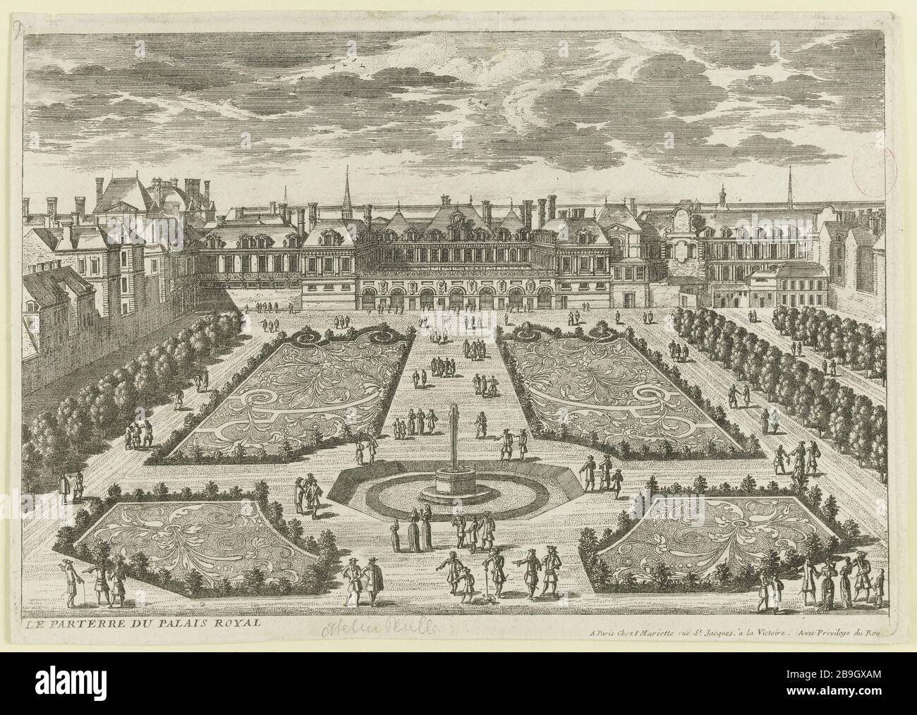 LA FOSSE DU PALAIS ROYAL ADAM PERELLE (1640-1695). 'Le parterre du Palais Royal'. Eau-forte, vers 1710. Paris, musée Carnavalet. Banque D'Images