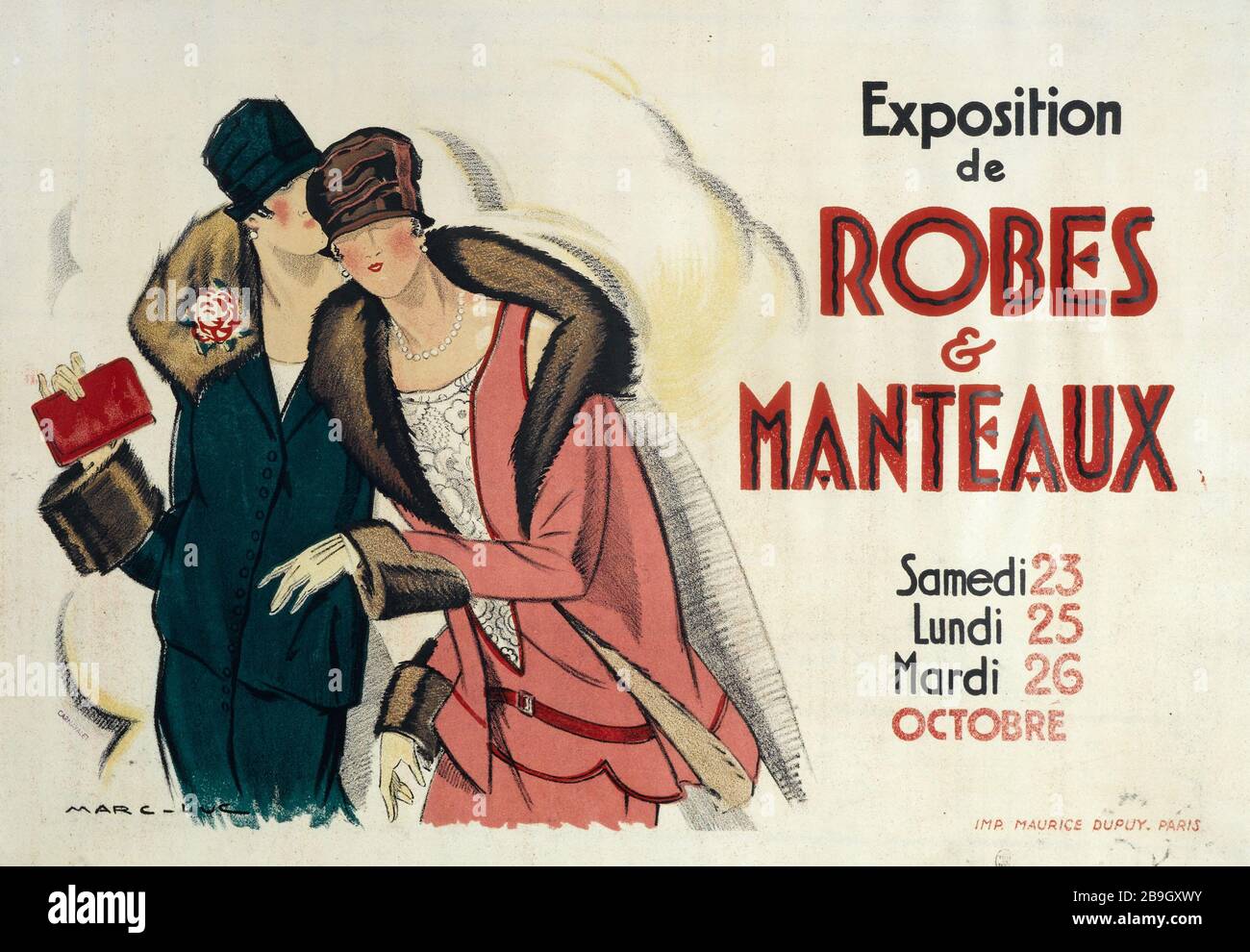 EXPOSITION DE ROBES ET MANTEAUX Marc-Luc. Imprimerie Maurice Dupuy & Cie. Exposition de peignoirs et Manteaux. Fiche. Lithographie couleur, entre 1920 et 1925. Paris, musée Carnavalet. Banque D'Images