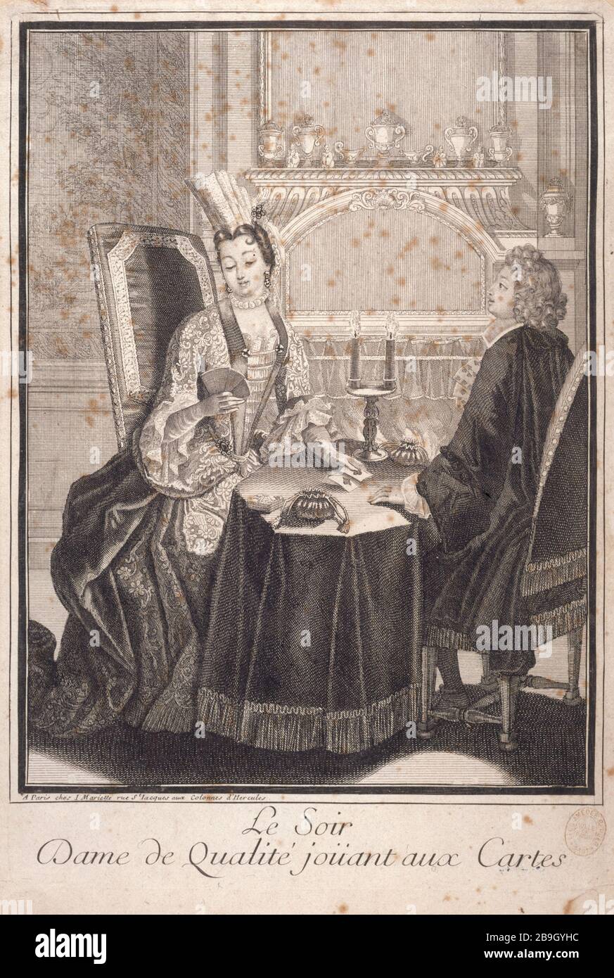 SOIRÉE - DAME DE LA QUALITÉ DES CARTES À JOUER À JEAN MARIETTE. 'Le soir - dame de qualité jouant aux cartes'. Gravité. Paris, musée Carnavalet. Banque D'Images