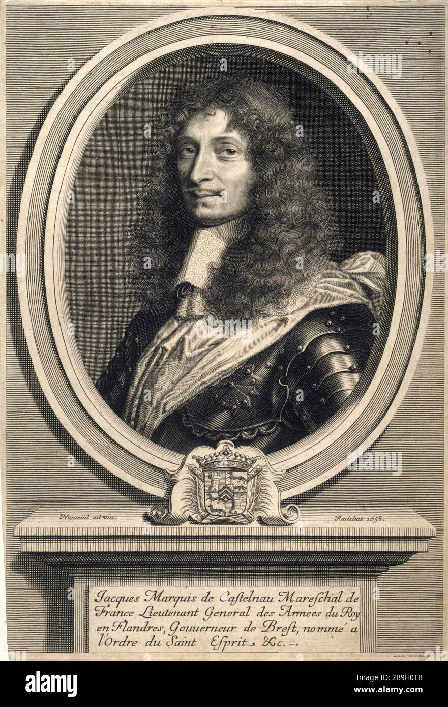JACQUES MARQUIS DE CASTELNAU-MAUVISSIERE, MARÉCHAL DE FRANCE, LIEUTENANT-GÉNÉRAL DE L'ARMÉE ROI EN FLANDRE ROBERT NANTEUIL (1623-1678). 'Jacques, marquis de Castelnau-Mauvissière, Maréchal de France, Lieutenant général des armées du roi en Flandres'. Gravure, 1658. Paris, musée Carnavalet. Banque D'Images