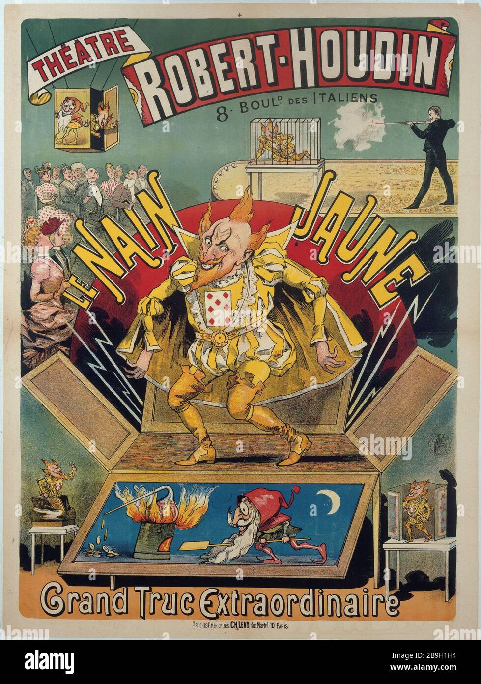 THÉÂTRE ROBERT-HOUDIN, 8 BOULEVARD D'ITALIEN - LE JAUNE NAIN, LA GRANDE CHOSE SPÉCIALE CHARLES LEVY. 'Théâtre Robert-Houdin, 8 boulevard des Italiens - le Nain Jaurune, grand truc extraordinaire'. Fiche. Paris, musée Carnavalet. Banque D'Images