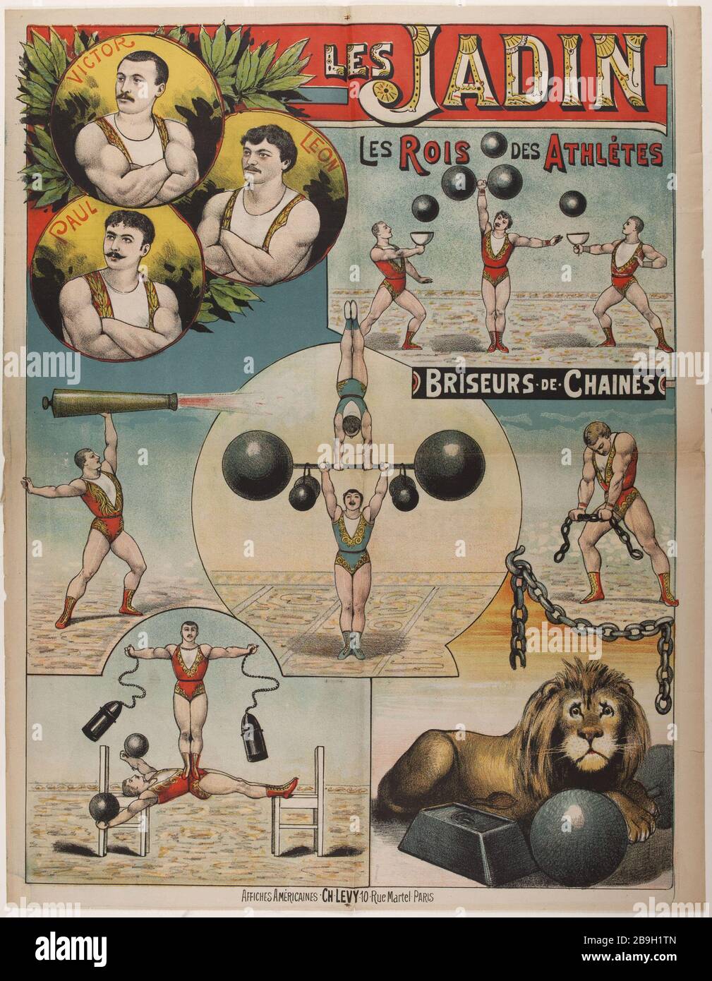 LE JADIN, LES ROIS DES ATHLÈTES, LA CHAÎNE ​​BREAKERS Affiche pour le spectacle 'les Jadin, les rois des athlètes, les bruis de chaines'. Lithographie couleur. 1880-1900. Paris, musée Carnavalet. Banque D'Images