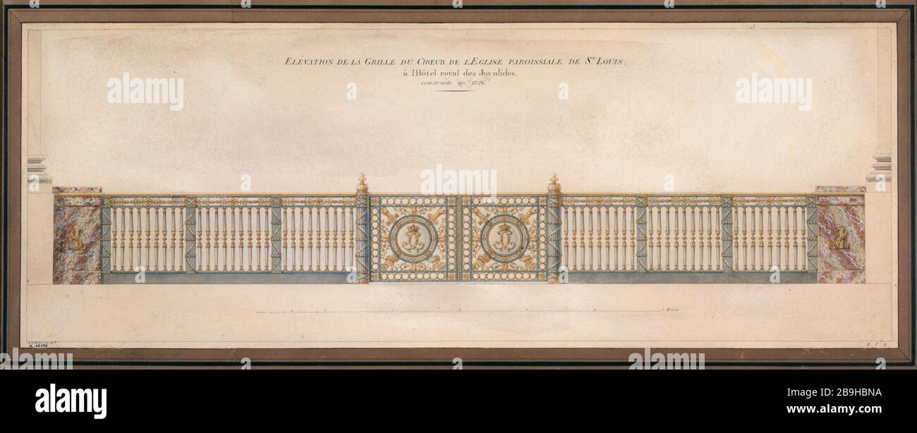 Élévation de la porte du choeur de l'église paroissiale St Louis Paul-Thomas Bartholomé (XVIIIe-XIXe siècle). 'Elévation de la calandre du choeur de l'Église paroissiale St Louis à l'Hôtel royal des Invalides construit en 1826'. Plume aquarelle, 1826. Paris, musée Carnavalet. Banque D'Images