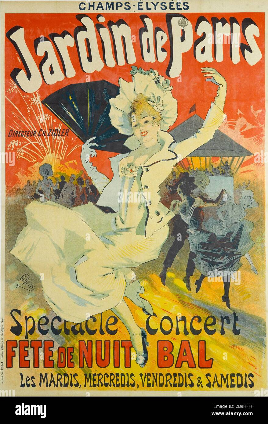 JARDIN DE PARIS, SOIRÉE CONCERT, BAL JULES CHERET (1836-1932). Imprimerie Chaix. Jardin de Paris, concert de spectacle, Fête de Nuit, Bal. Fiche. Lithographie couleur, 1890. Paris, musée Carnavalet. Banque D'Images