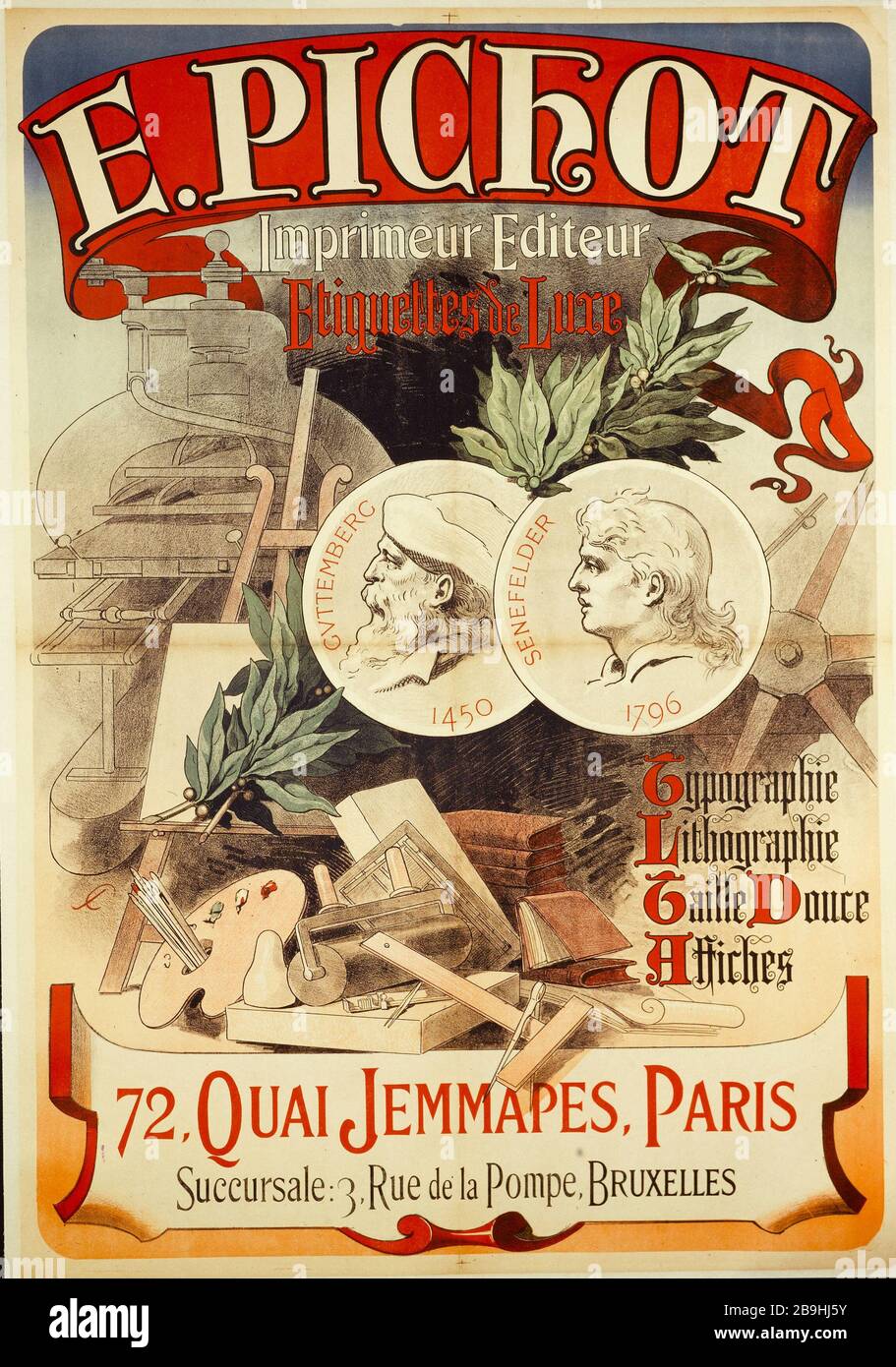 RÉDACTEUR E.PICHOT PRINTER, 72 ANS, DOCK JEMMAPES JULES CHERET (1836-1932). « E. Pichaud, Imprimeur Editeur, 72 quai Jemmapes. Fiche. Lithographie couleur, 1880-1890. Paris, musée Carnavalet. Banque D'Images