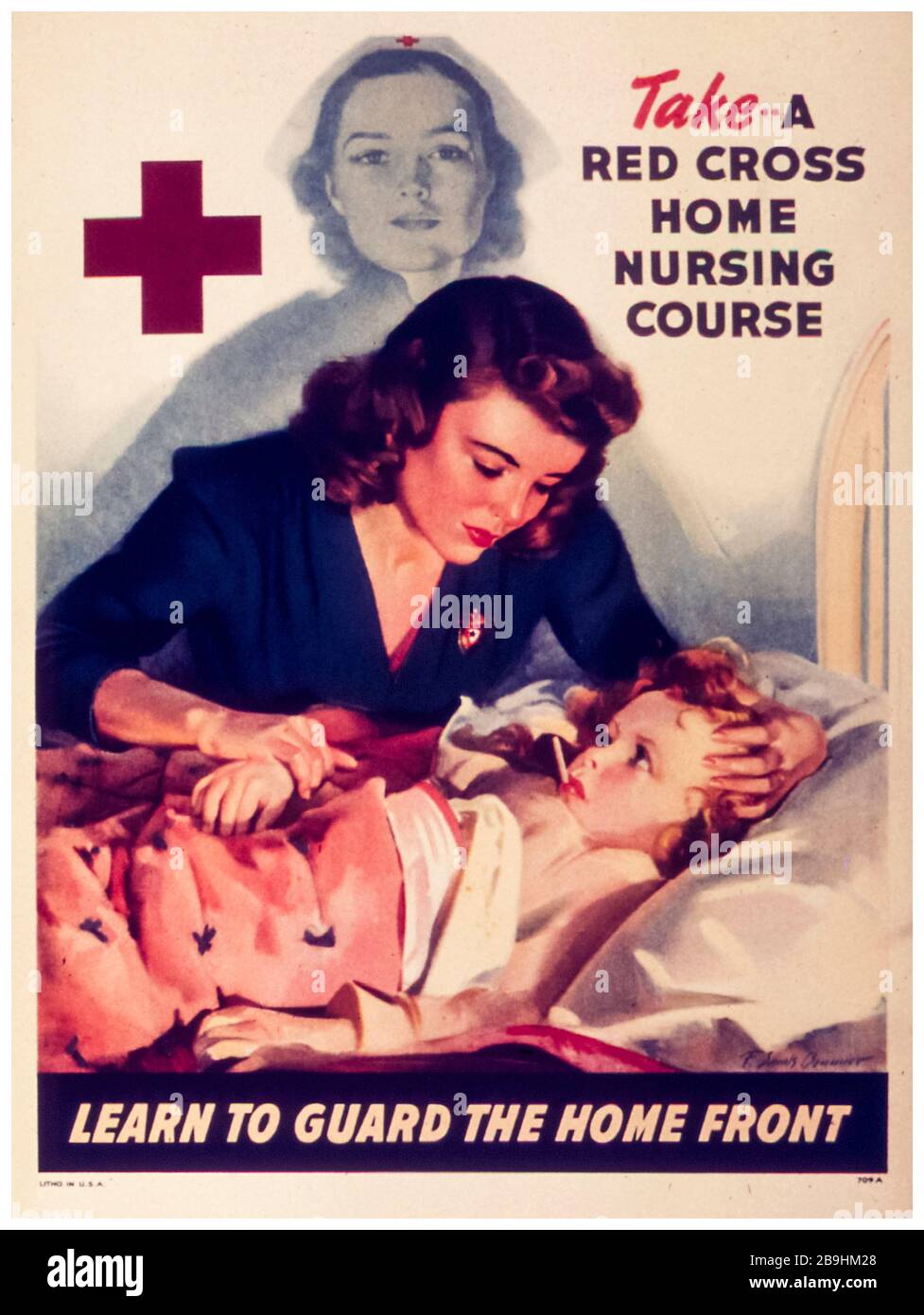 Affiche du cours de soins infirmiers à domicile de la deuxième Guerre mondiale des États-Unis, apprendre à protéger le front de la maison, 1941-1945 Banque D'Images