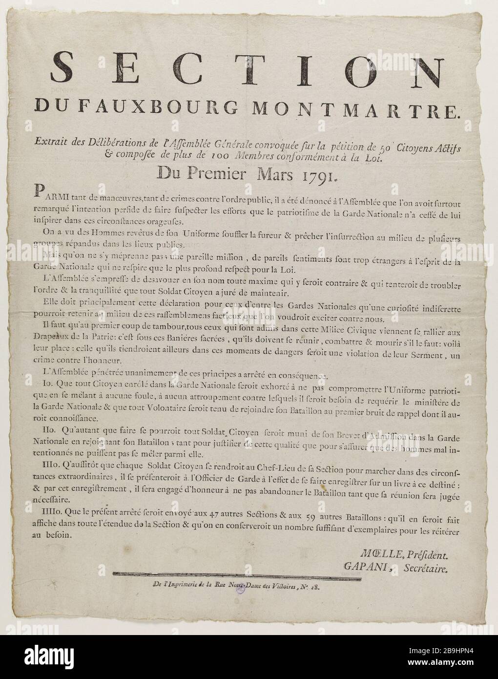 QUARTIER de MONTMARTRE Anonyme. 'Section du Fauxbourg Montmartre'. Typographie. 1791. Paris, musée Carnavalet. Banque D'Images