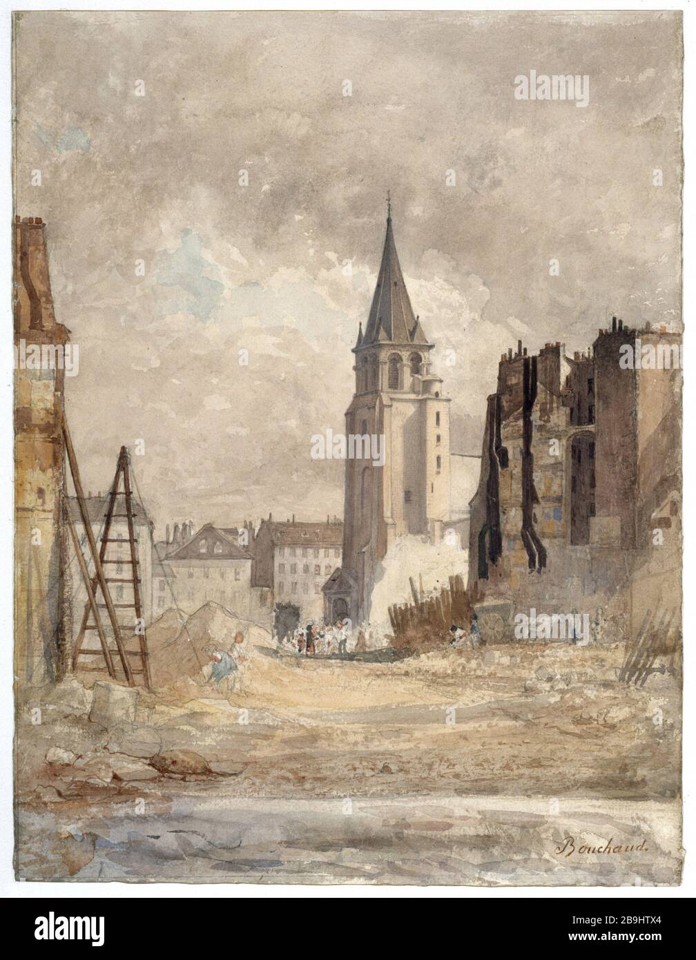 VUE SUR SAINT-GERMAIN-DES-PRES ET FORAGE DES TRAVAUX DE LA RUE RENNES LÉON-PRUDENT BOUCHAUD. 'Vue de Saint-Germain-des-Prés et des travaux de ciment de la rue de Rennes, 1866'. Dessert. Paris, musée Carnavalet. Banque D'Images