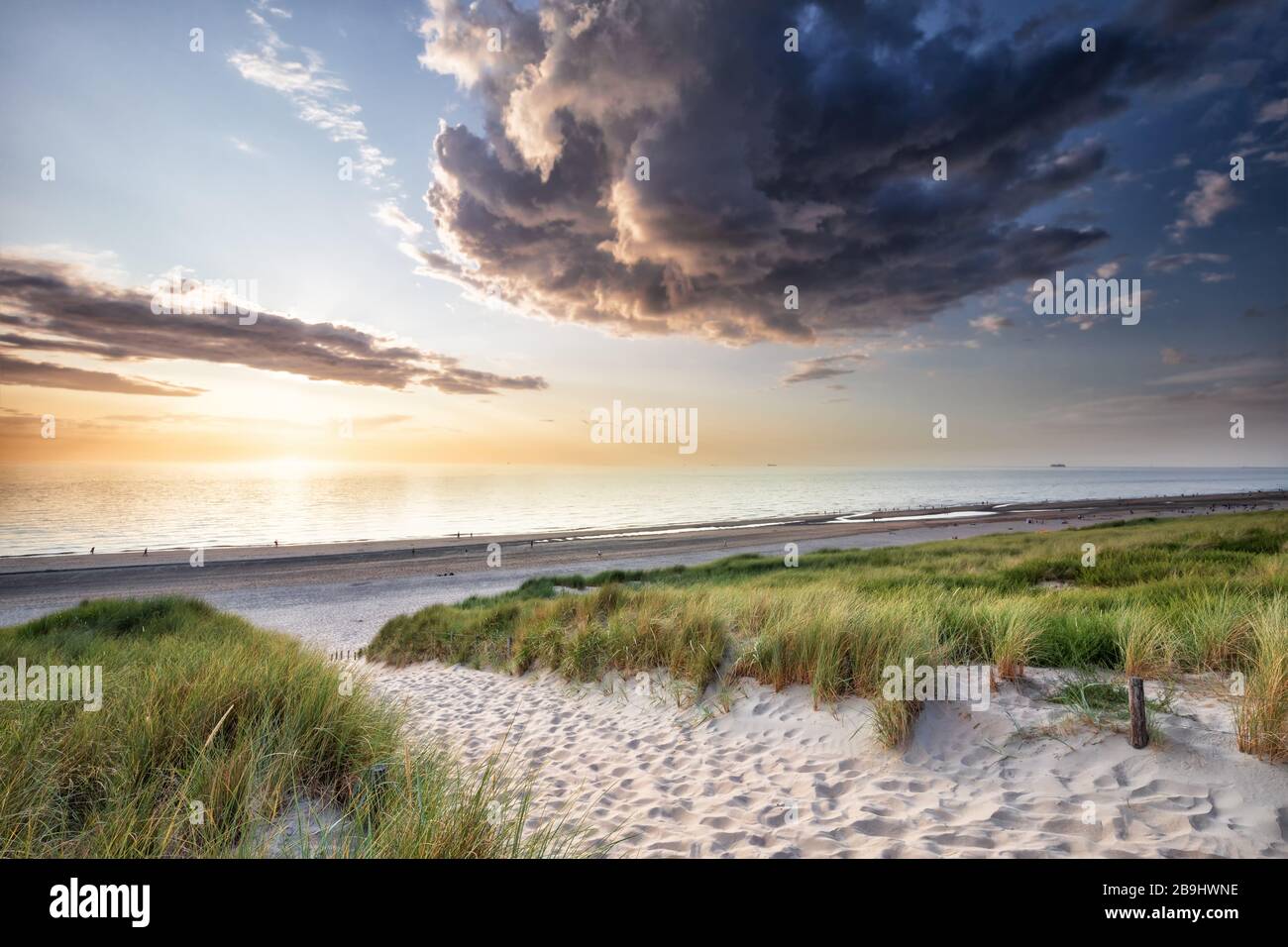 coucher de soleil sur les dunes de sable par mer Banque D'Images