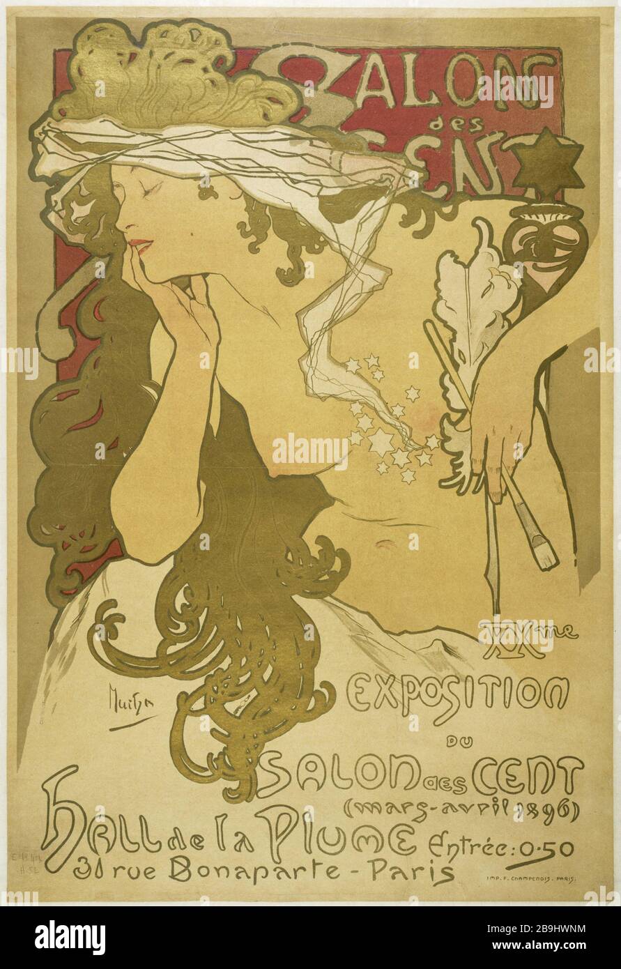 A. Mucha - EXPOSITION CENT Alphonse Mucha (1860-1939). XXème exposition du salon des cent (mars-avril 1896), salle de la Plume, 31 rue Bonaparte, affiche. Paris, musée Carnavalet. Banque D'Images