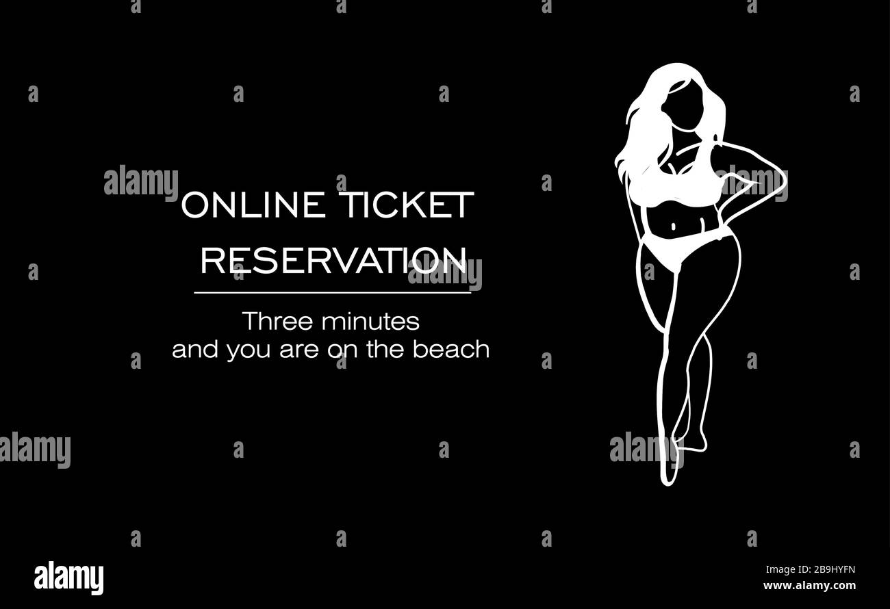 réservation et achat de billets en ligne. SERVICE EN LIGNE DE SERVICES TOURISTIQUES. Voyage. Femme noire dans un maillot de bain. Illustration de Vecteur