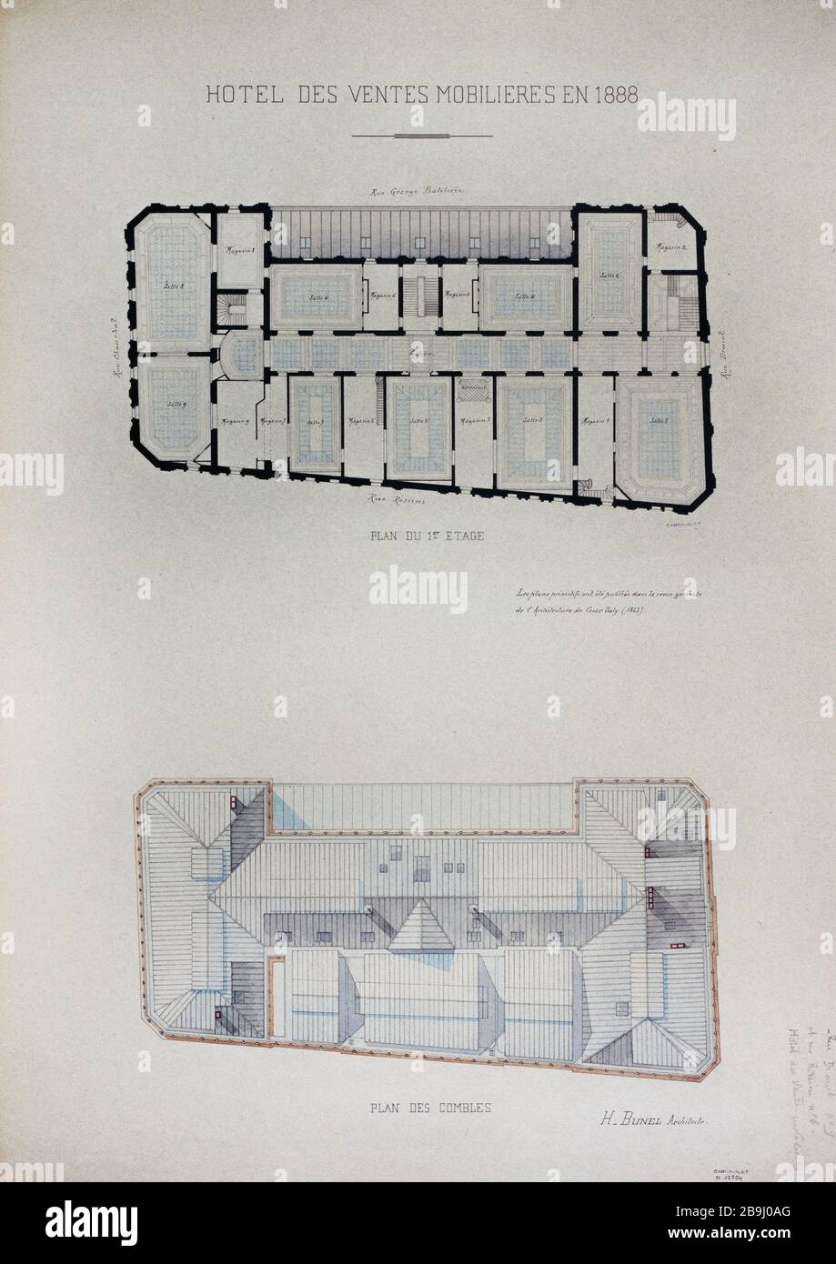 Plan du grenier et du premier étage de la maison de vente aux enchères, rue Drouot H. Bunel. Plan des combles et du 1 er étage de l'hôtel des ventes, rue Drouot. Panache, crayon et lavis de couleur sur papier cartonné gris, 1888-1930. Paris, musée Carnavalet. Banque D'Images