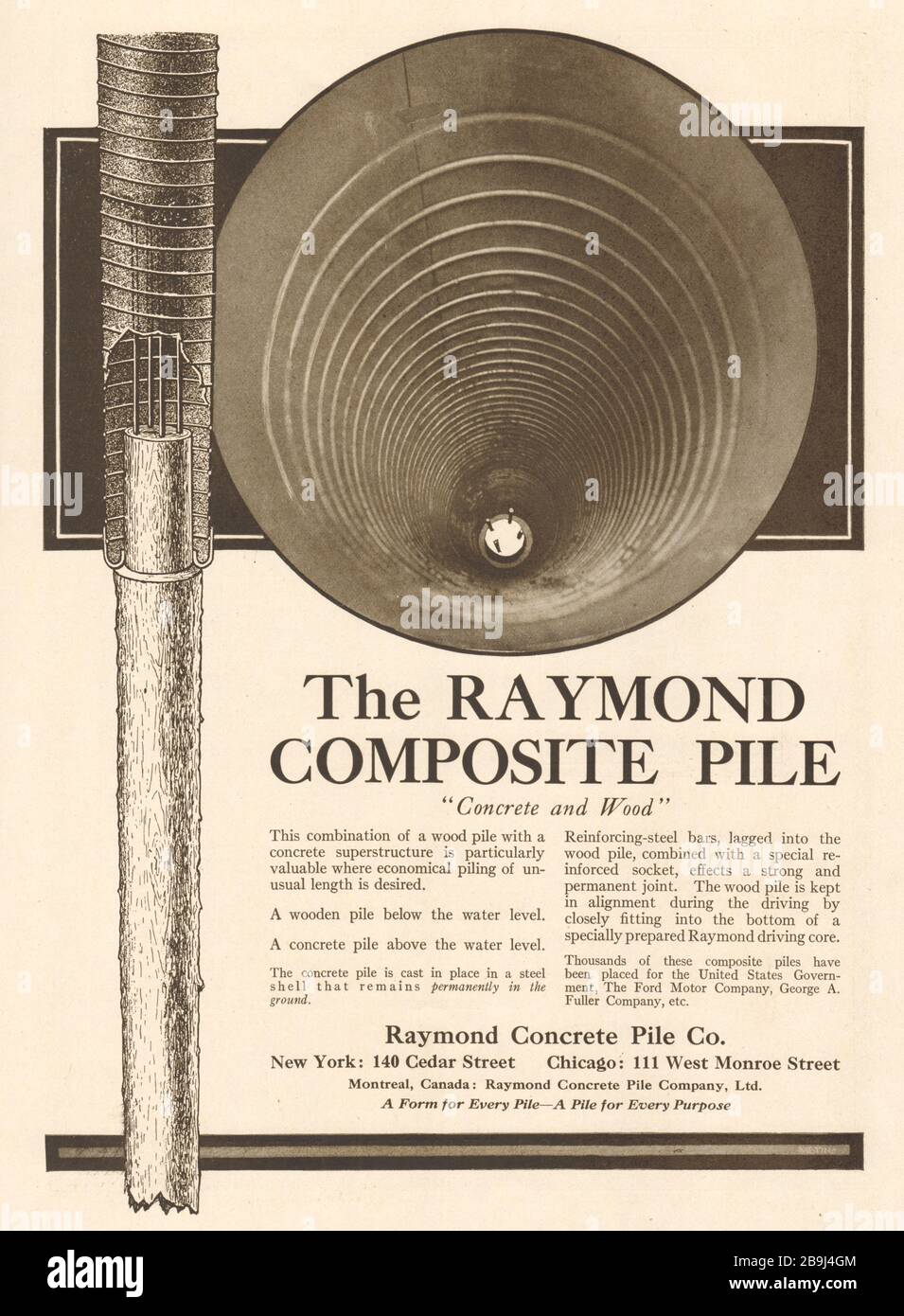 Béton et bois. Raymond Concrete pile Co., New York: 140, rue Cedar; Chicago: 111, rue Monroe Ouest; Montréal, Canada (1919) Banque D'Images