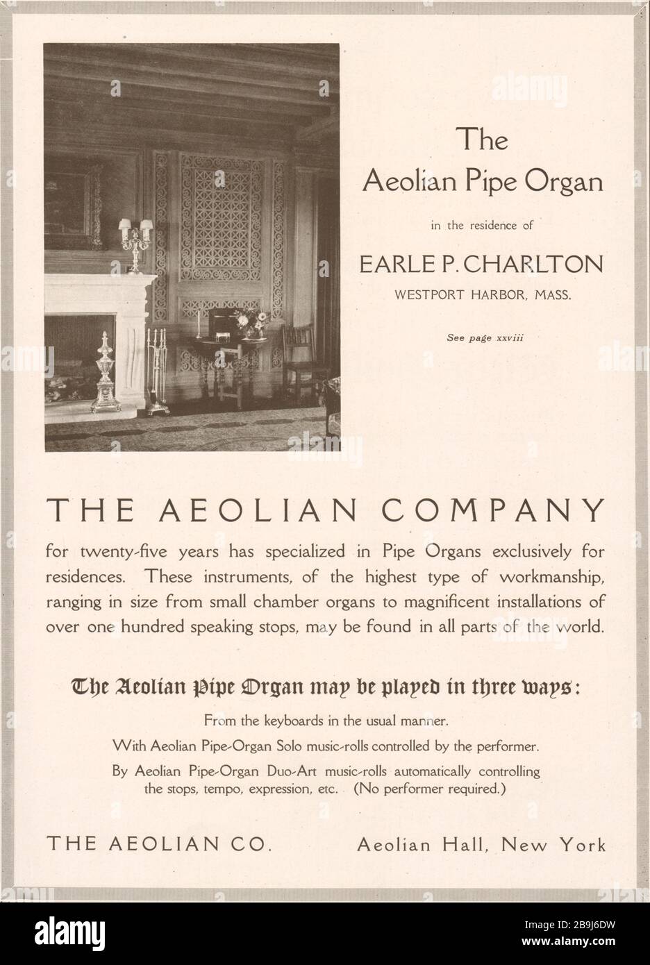 L'orgue Aeolian Pipe dans la résidence d'Earle P. Charlton, Westport Harbour, Massachusetts. The Aeolian Co., Aeolian Hall, New York (1919) Banque D'Images